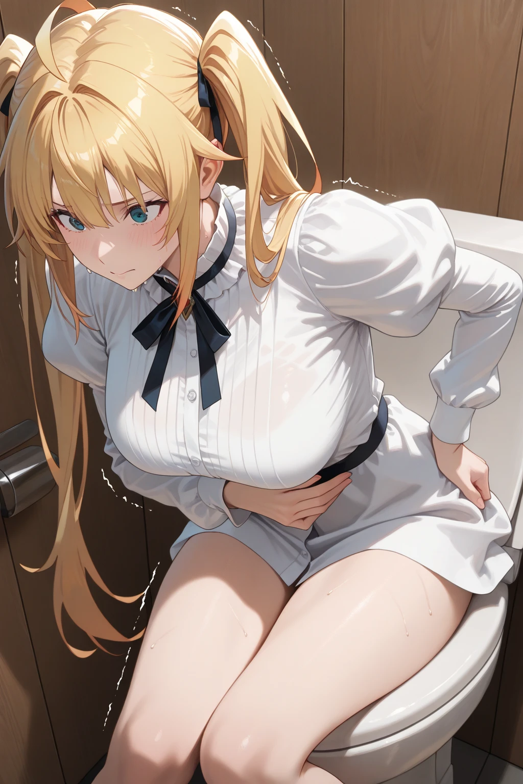 (masutepiece, Best Quality, High resolution:1.5, anime colours, megami magazine:1.2, anime poster style, anime keyvisual, sharp, 8k, photorealistic), (????, from front), (beautiful eyes:1.5, beautiful face), Alice Zuberg, 1girl, solo, blush, (white headband), (blond Long Hair, hair braid), blush, (sagging ?????????????, ????, ???????), (back, ????????????:1.5, standing, from side), ?????????, upper body, looking to the side, hands on table, (Perfect detailed ???????, beautiful detailed hair, perfect detailed body:1.2, shiny skin), (thick outline, Beautiful outlines, black outlines), 