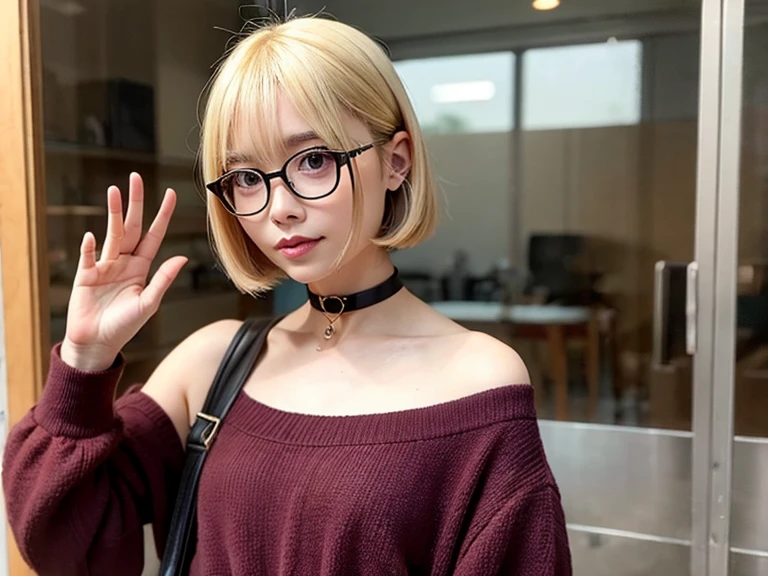 Blonde woman with glasses posing for a photo in a black dress, stop four *, stop four, 1 7 year old anime gothic girl, anime girl in real life, young beautiful amaranth, 1 7 year old gothic girl, amaranth, beautiful dolphin, cruel korean gothic girl, short hair, big breasts