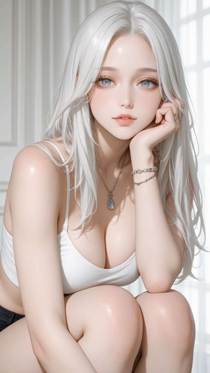 （girl lying on the bed）、portrait、bright look、young shiny glossy white shiny skin、best looks、ultimate beautiful girl、The most beautiful platinum blonde hair in the world、shiny bright hair,、super long straight hair、Shining beautiful bangs、Sparkling crystal clear charming blue eye、medium size bust、（（両手でを隠す,））and、Beautiful glowing blue eye、gray hair、silver hair、((beautiful breasts :1.1)), , ( chest）0p、mix４, (Best Illustration: 1.1), (best shadow: 1.1), tongue、兰、watery  discharge、blowing tide、andてもbeautiful breasts、grab your chest with both hands、 spread your legs、 excitement、 expression、shiny skin。realistic、photographrealsitic:1.37)、）（close ~ eye）、(K-POPアイドル)、sleeping sideways、messy hair、medium hair、(pink blush)、(reveal)、[[spread your legs、spread your ]]、(alone)、dynamic pose、(())、(puffy eye:1.２)、 (slim legs)、、nffsw、very detailed ambient occlusion、超A high resolution, 超realistic, very detailed, (yawning), ((())), ((she is soaking wet)).photograph