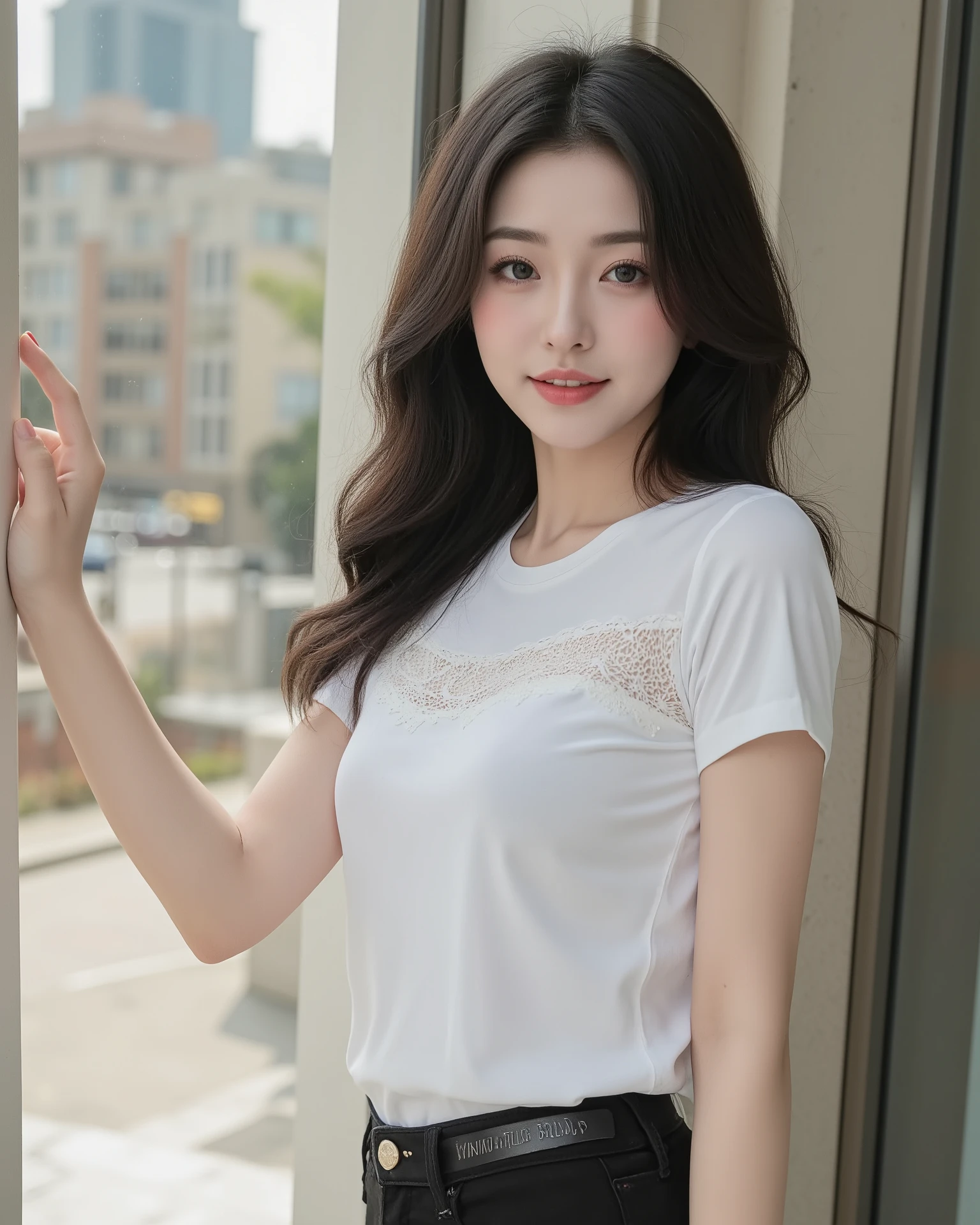 Extremely realistic art,A woman has a beautiful smile with a seductive expression.Detailed expression of her appearance : Her eye makeup looks very intense with intense smoky makeup. Her nose has a very beautiful nose like a blade.Her lips have a slight sparkle with a slightly reddish color.,In an elegant cityscape that seems to have been created by a world-renowned designer, she points against a wall with one hand and shows model-like majesty in an enchanting pose..She is wearing a white t-shirt with lace and black jeans that express her curved body.The image that blends well with the city was skillfully photographed by an expert It's a masterpiece like a photograph.,realistic expression,Great image created with a realistic sense,A natural ray of sunshine is added to create a great art,Soft Colors,Detailed expression of a colorful and beautiful scene