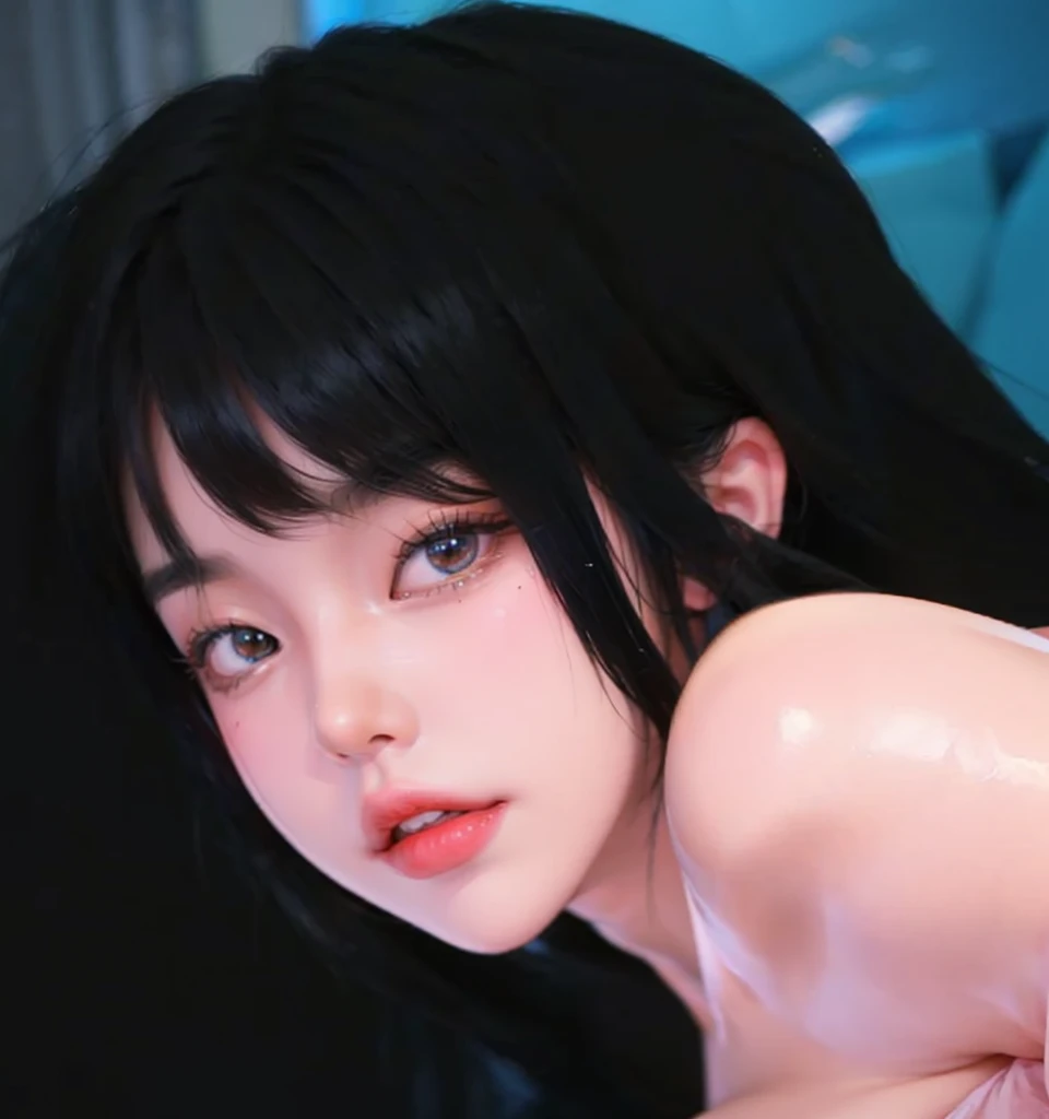 1 girl, Dawn Hikari, Pokemon, dark blue hair, very long hair, blue eyes, soft, soft light, delicate, ( on chest, ,  on , dripping , small breasts,  breasts, , gaping ), flirty, happy, excited, fuzzy bunny ear headband, (kneeling, bed, fuzzy socks), feet, white, soft pillows, penguin doll, open mouth, tongue out, looking up at the viewer