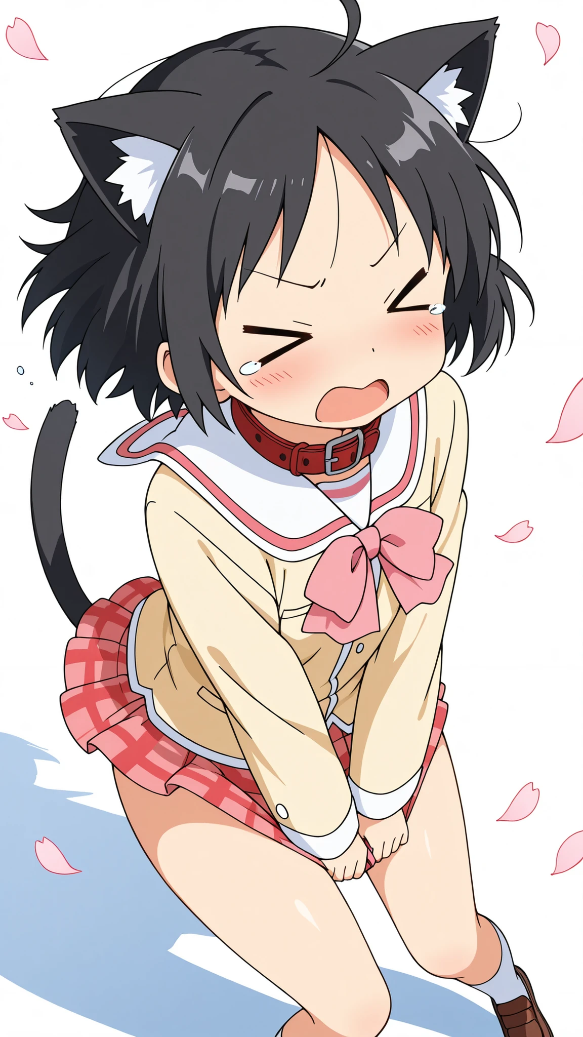 ((from above)),dramatic angle,(((face focus))),ahoge,(nsfw) , ((anime style)) , score_9 , score_8_up , score_7_up , source_anime , nano shinonome , yasuna oribe , ((dramatic angle)) , black short hair , (middle parted hair) , (((((>o<))))) , (black hair) , black Cat ears , black Cat tail , (((Skirt flipped up by cat's tail))) , ((red leather collar)) , 1woman , (((solo))) , (((((((mini skirt))))))) , ((((A glimpse of her thighs)))) , white sox , brown loafers , ((knee)) , long sleeves , yellow school uniform , plaid , red skirt , plaid skirt , tokisadame school uniform , (short torso) , ((no panty)) ,blush , (tears) , v-shaped eyebrows , ((((skirt tug)))) , ((((wind)))) , running motion , ((((mini Skirt flipped up by the wind)))) ,(white background),Flying petals,