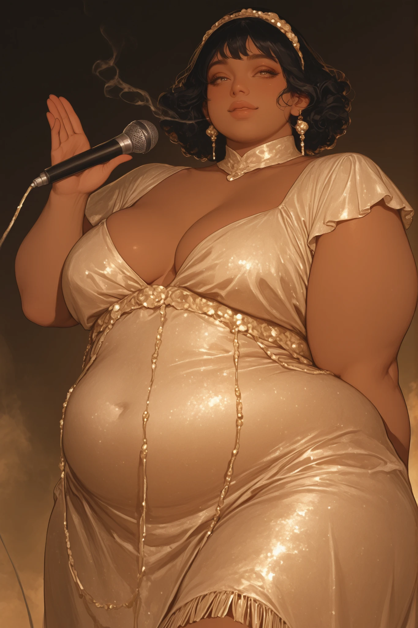 Semi-realistic midjorney art style of a older women with smoke eye make up with curly short black hair, finger wave hair style, dark skin, mocha skin, 1920s fashion, femboy, gold beaded fringe flapper dress with frills, high neckline, covered chest, dramatic sepia lighting, gold lighting, dynamic pose holding a microphone in a bar. Chubby, plus size, femboy, cherubic face, doe eyes, obese, finge and beaded dress, 