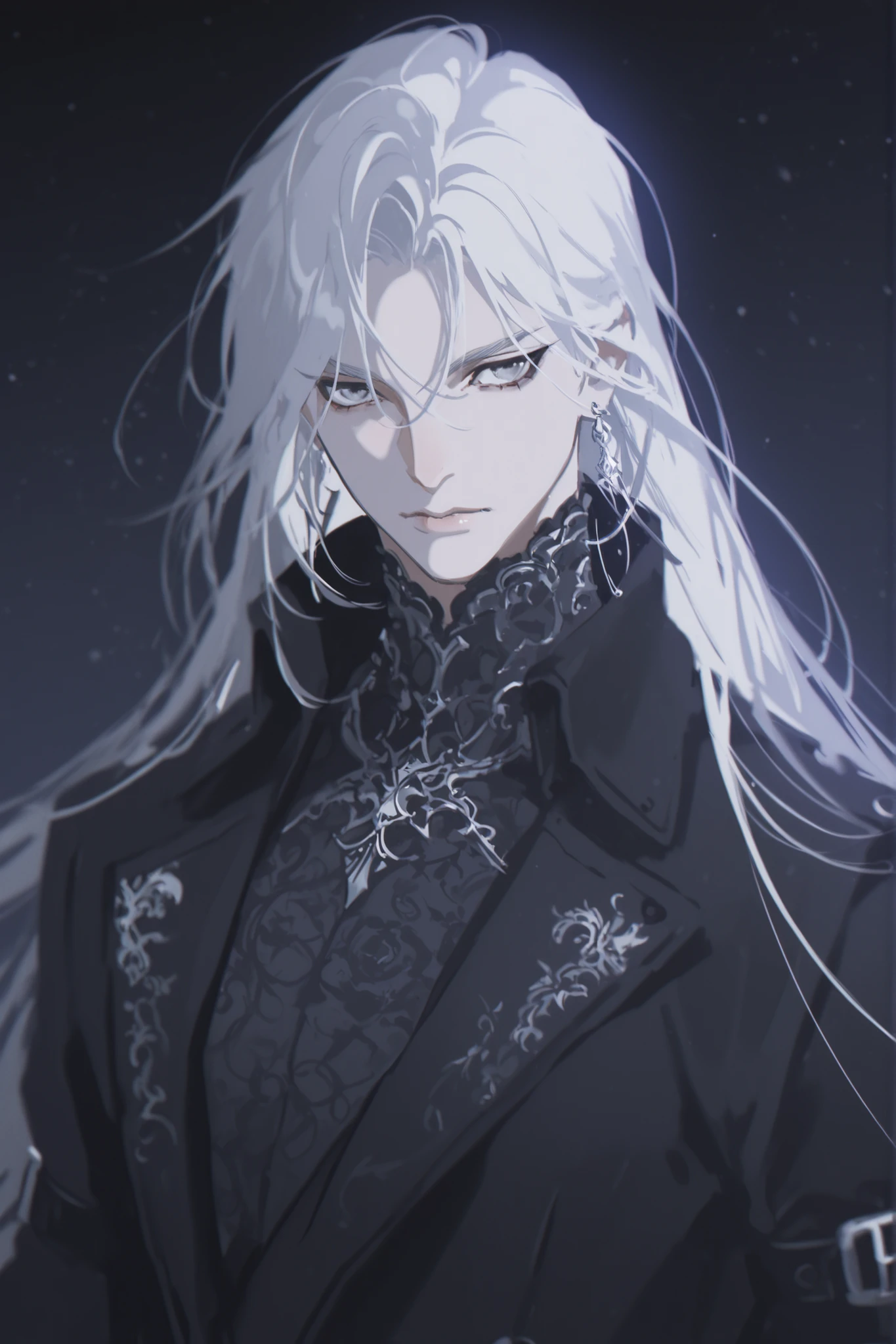 best quality, masterpiece, 1man, male character, white_hair, long_hair, pale, straight_hair, mature face, dark fantasy, {white, silver, splash art}, pattern undershirt, leg_belt, embroidery:1.4, starry background, round eyes, white lingerie pattern), yone, arm belts, earrings, silver chains, overcoat, black coat, neutral expression, black armor, floating, center figure, medium_shot, long_hair, blurry, white_eyes, eyeliner, anime_style, gothic, silver light, dark background, blurry_background, yoneyama mai, popped_collar, pale, edgy fashion, fashionable, solo, blurry, chromatic aberration, portrait, rich color, beautiful light, perfect contrast, realistic facial features, detailed features, defined features, detailed hair, semi-realistic style, attractive features, dark colors, dark lighting, painted style, detailed style, perfect detail, pale skin, dull colors, anime style, semi-realistic, cute, boy, clear background, lifeless colors, dark, rough sketch lineart, loose lineart, watercolor coloring, masterpiece, ultra detailed, 4k, 8k, ultra hd, best