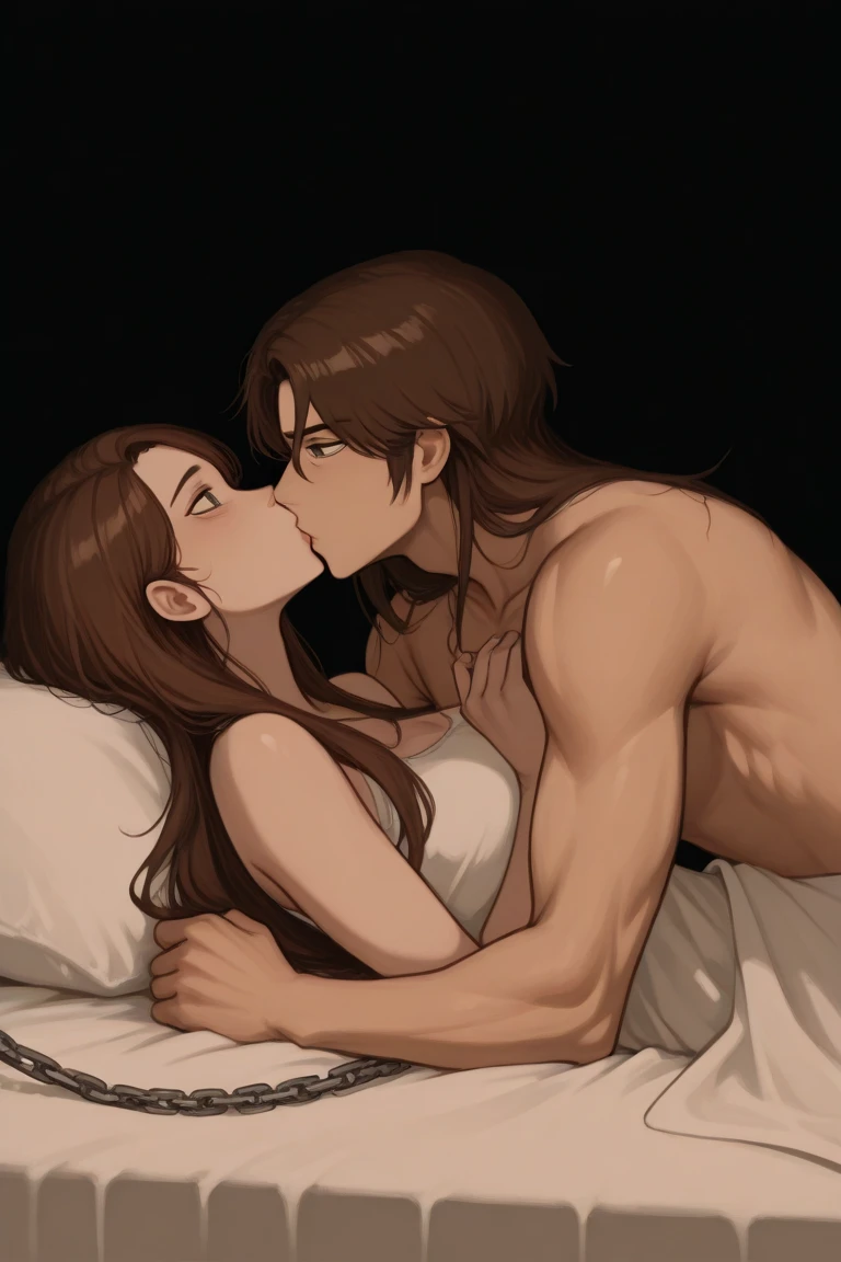 ((highest quality)), ((masterpiece)), (detailed), （Perfect Face）、（The woman is Princess Leona, with long, straight, light brown hair that she has down, a slender figure but a normal chest, a gentle smile, and is in a luxurious samurai mansion. The woman is naked and wearing luxurious accessories such as earrings, a necklace, and bracelets.）、A husband and wife are naked, peacefully cuddling and kissing while having sex. The woman leans towards her husband and the man embraces his wife. The husband is 60 years old and the wife is 32 years old.、The man is Oda Nobunaga, naked and dignified with a beard、The woman screams with pleasure as she climaxes