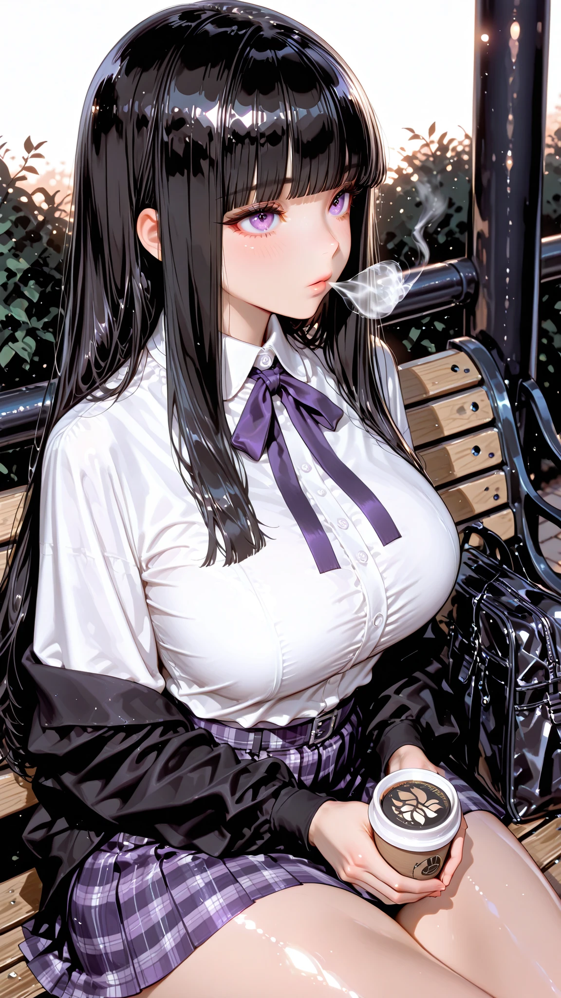 one girl, long, straight, shiny black hair, hime cut hairstyle, soft hair blowing in the wind, purple eyes,
a girl sitting alone on a park bench at dusk. Holding a takeaway coffee in both hands.
A lonely expression, under the streetlights, a clear sky, At dusk
Fine clothes, white blouse, ribbon, Purple plaid miniskirt
Large black Boston bag
,