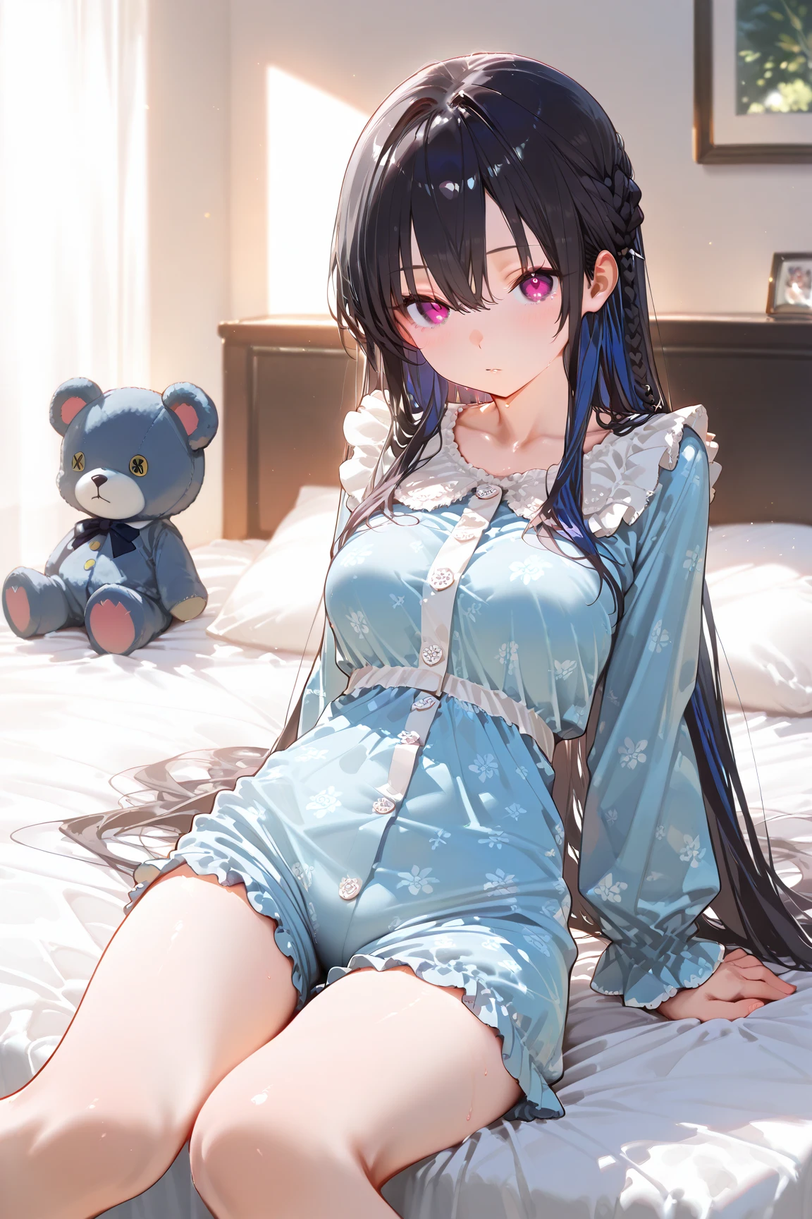 front view,looking at viewer, looking ahead,from above,cowboy shot,1girl,Beautiful 11 year old girl,Japanese,Slender,,low length,Small breasts,Thin legs,Small Ass,Baby Face,Small face,Black Hair,Row Twin Tails,Gray Eyes,Drooping eyes,middle School girls,A  black and blue ,,open mouth,tongue out,front face,Kneeling,Put your chin forward,Beautiful and detailed anime art,Mischievous smile,Little devil look,Sexy vibe, on tongue,Dimly lit room,On the bed,Simple Background,Gray background,Pink lighting,pointing at self
