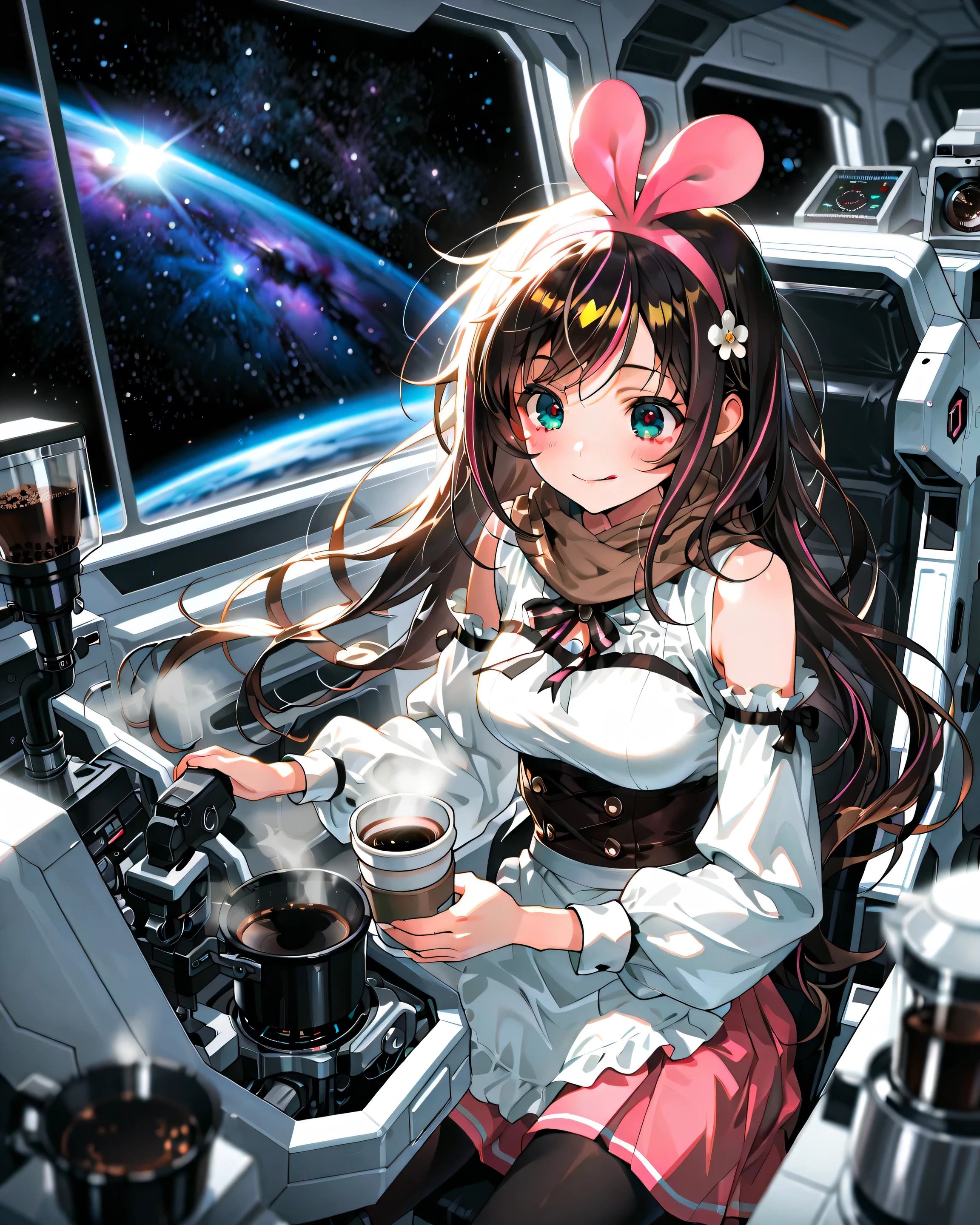 ((Masterpiece), (Highest Quality), (High Score), (High Resolution),(4k),),
(masterpiece, best quality, very aesthetic),
((indoors),(1girl),,solo,),

(,(Science fiction,(Spaceship, cockpit,(Bike Machine),), glass window, transparent monitor, ,(Space, Galaxy),(pot,Coffee cup,Coffee Maker Machine:1.4),,,(The girl straddles the pilot's seat),(Coffee pot, coffee cup, she pours coffee:(she hand holds a pot:1.3)),,,(Two control levers, grabs levers),BREAK,(Anatomically accurate structure:1.4),),

(((steam),,BREAK,(an extremely cute and beautiful girl), (Hair flowing in the wind), (hairdetailer:1.5),[(depth of field, shallow depth of field, background gradually blurred, sharp focus on character),:1.4)]))

((Kizuna AI、pink hairband,long hair,brown hair,two-tone hair,streaked hair,pink hair,swept bangs,blue eyes、 [(gradient hair from pink to light yellow:1.4)0.6],waitress uniform, white shirt,(long-sleeved shirt:1.2), ribbon tie, short skirt, checkered skirt,white and pink skirt, waist apron,Sneakers,(Cufflinks), ((Chef's scarf,Brown scarf),(aristocratic-style clothing),sleeveless,(medium breasts),),(brown underbust corset),(black (pantyhose),),((grin),(tongue out),(high eyebrows),)(zero gravity :1),(sitting 1),[looking ahead:],[cowboy shot:],[from above:0.7],(flower hairpin:1.5),(she is reclining ),),

