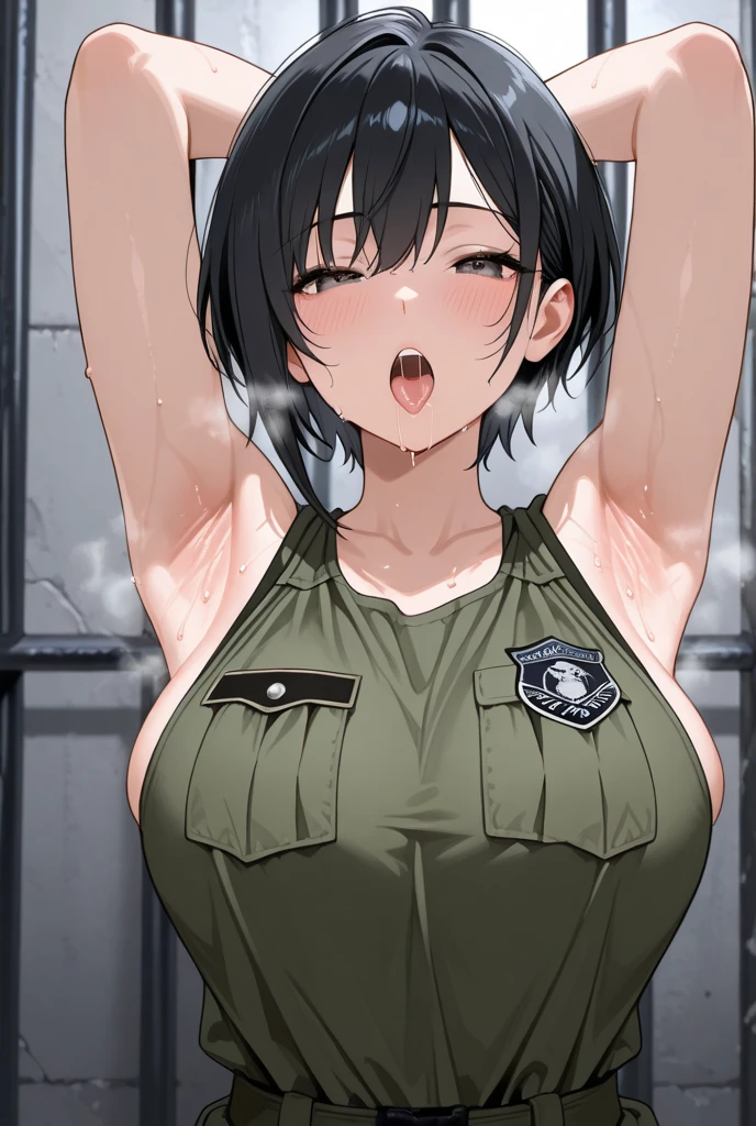 nsfw,uncensored,(highest quality,masterpiece:1.3),disorganized,High resolution,16k, 超High resolution, official art,figure,very detailed,anime color,perfect hands, perfect fingers, perfect legs),(cowboy shot,From front,full body,1 girl, idol master, ((aki yamato)), (20yo, beautiful girl), (beautiful deep green eyes),(beautiful hair), (low ponytail,long hair),(wet hair), (shiny hair),(wet skin), (dark skin),(shiny skin),(large breast),(large areolae),(((camouflage print bikini))),((see-through)),(military body paint:1.5),(salute:1.5),full body shot,medals, military cap,black boots, green military uniform,choker,white gloves, muscular abs, open ,  ,  stomach, belly button exposed,  out,((cleavage:1.1)),  shoulders,((pubic hair:1.4)),(bsp,  dripping,pussy,  slip,no makeup, sweaty body),(spread legs),((steam)),(scatter sweat),(a big smile), ((open mouths)),((wink)),((one eye closed)),((tongue out)),(saliva:1.5),deep breathing, feel good,(Nice touch),((Kamimei),(ecstasy),((((sex,Cowgirl,pov)))),(cum shot:1.5),(,( shot:1.3),(:1.9),( on Face:1.9),( on hair:1.9),,( on armpit:1.9),( :1.5),, (a man:1.5), hetero, (lady sit astride on man:1.5), (lady on top), (intense :1.6),((multiple boys:1.9, peeing on a girl,multiple :1.9, gangbang,holding penis)),(looking at viewer),(happiness:1.9),(love:1.9),(:1.5),(dynamic pose),(spoken heart:1.7),(backguground military Camp:1.5),(bloom),motion lines,bouncing ,