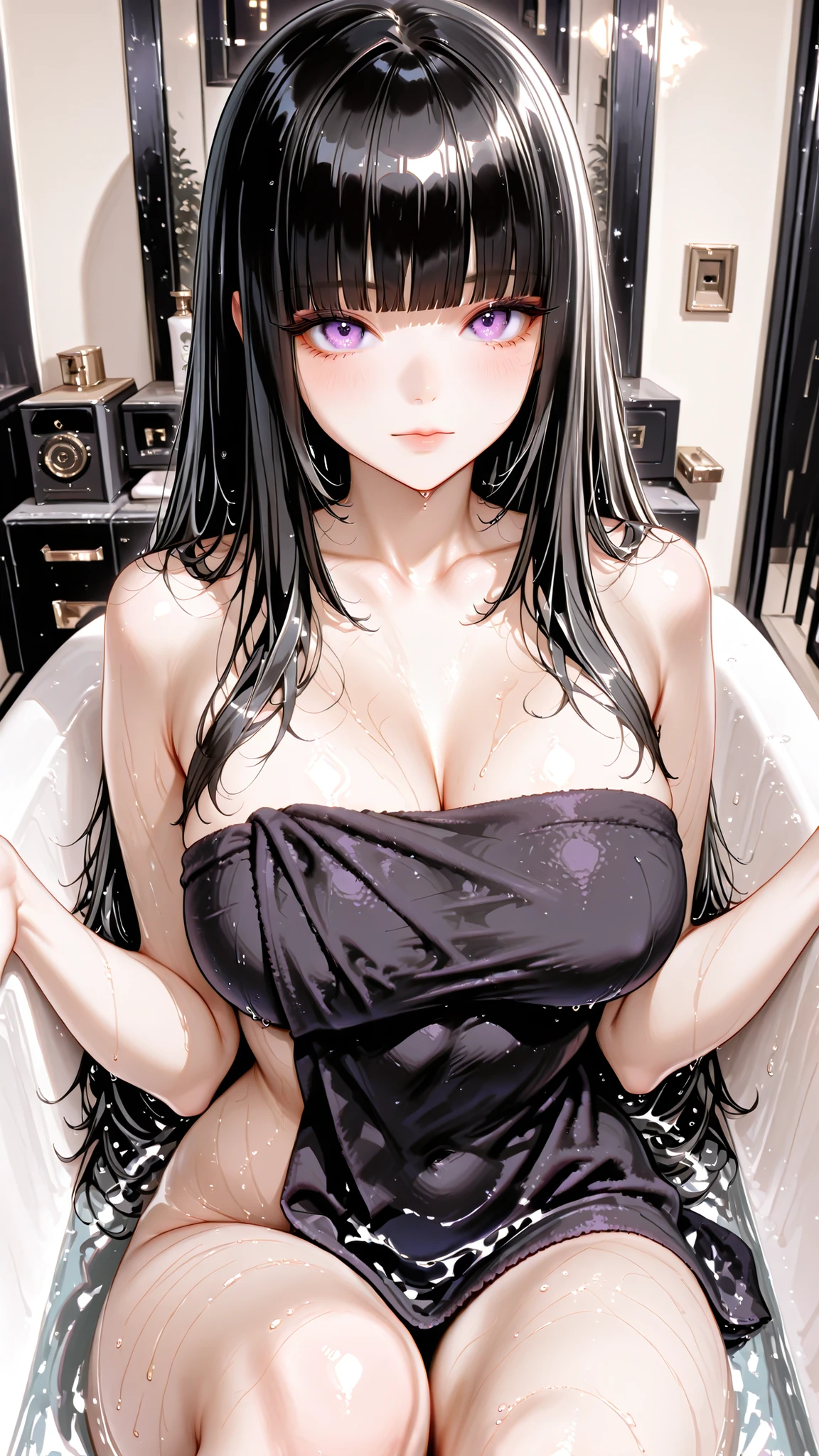 A young girl. Long, straight, lustrous black hair. Hime cut. Soft hair that flutters in the wind. Purple eyes.
A girl relaxing in the bathtub of a luxury apartment. She is completely , with only a bath towel wrapped around her to hide her body.
.
