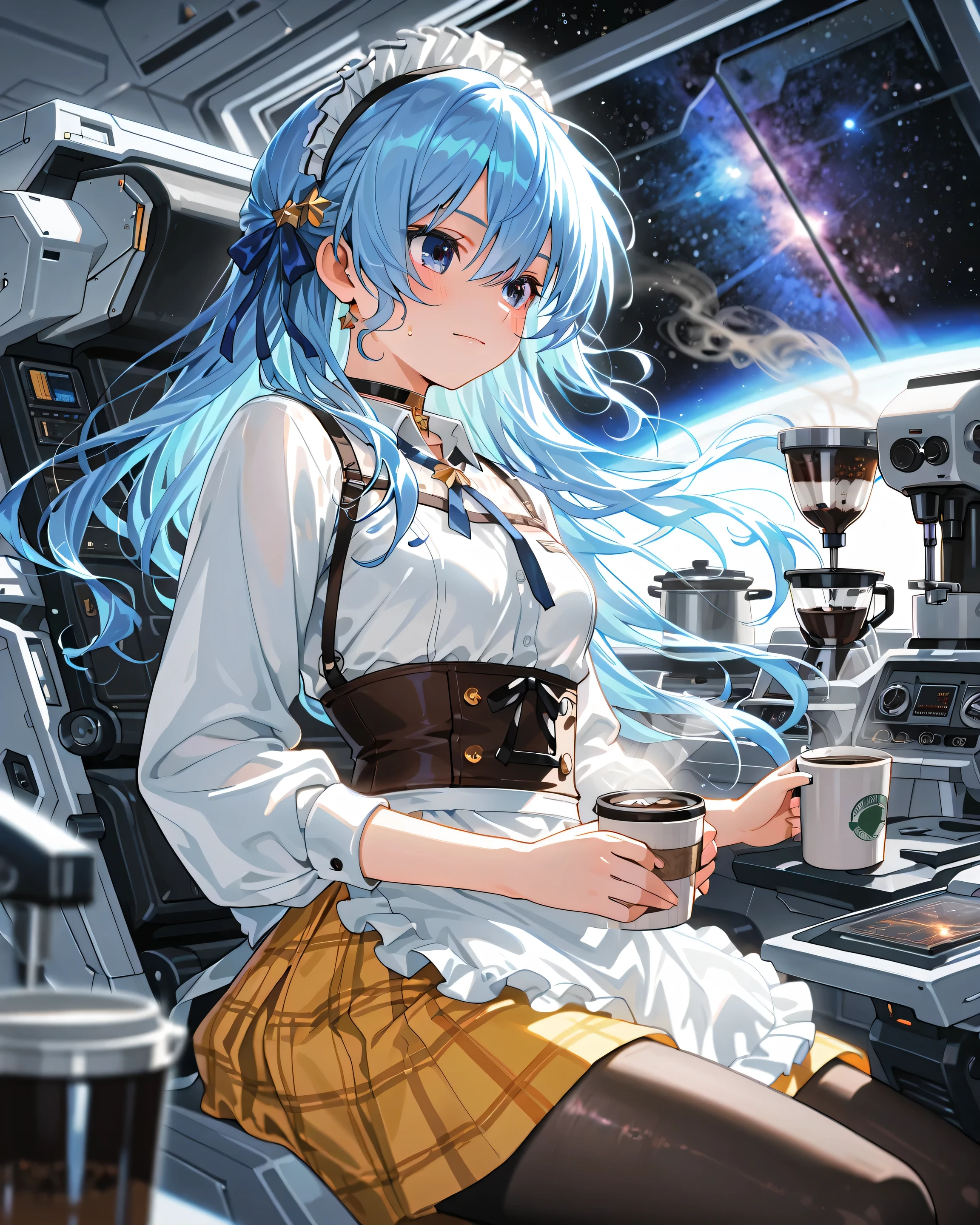 ((Masterpiece), (Highest Quality), (High Score), (High Resolution),(4k),),
(masterpiece, best quality, very aesthetic),
((indoors),(1girl),,solo,),

(,(Science fiction,(Spaceship, cockpit,(Bike Machine),), glass window, transparent monitor, ,(Space, Galaxy),(pot,Coffee cup,Coffee Maker Machine:1.4),,,(The girl straddles the pilot's seat),(Coffee pot, coffee cup, she pours coffee:(she hand holds a pot:1.3)),,,,BREAK,(Anatomically accurate structure:1.4),),

(((steam),,BREAK,(an extremely cute and beautiful girl), (Hair flowing in the wind), (hairdetailer:1.5),[(depth of field, shallow depth of field, background gradually blurred, sharp focus on character),:1.4)]))

((suisei hoshimachi, blue eyes, blue hair, choker, hair between eyes, medium hair,(low twin tails),, star choker,(maid headdress),waitress uniform, white shirt,(long-sleeved shirt:1.2), ribbon tie, short skirt, checkered skirt,brown and yellow skirt, waist apron,Sneakers,(Cufflinks), ((Chef's scarf,Brown scarf),(aristocratic-style clothing),(small breasts),),(brown underbust corset),(black (pantyhose),),((chuckle),(sweat),)(zero gravity :1),(sitting 1),[looking away:],[cowboy shot:],[from side:0.7],(flower hairpin:1.5),(she is reclining ),),
