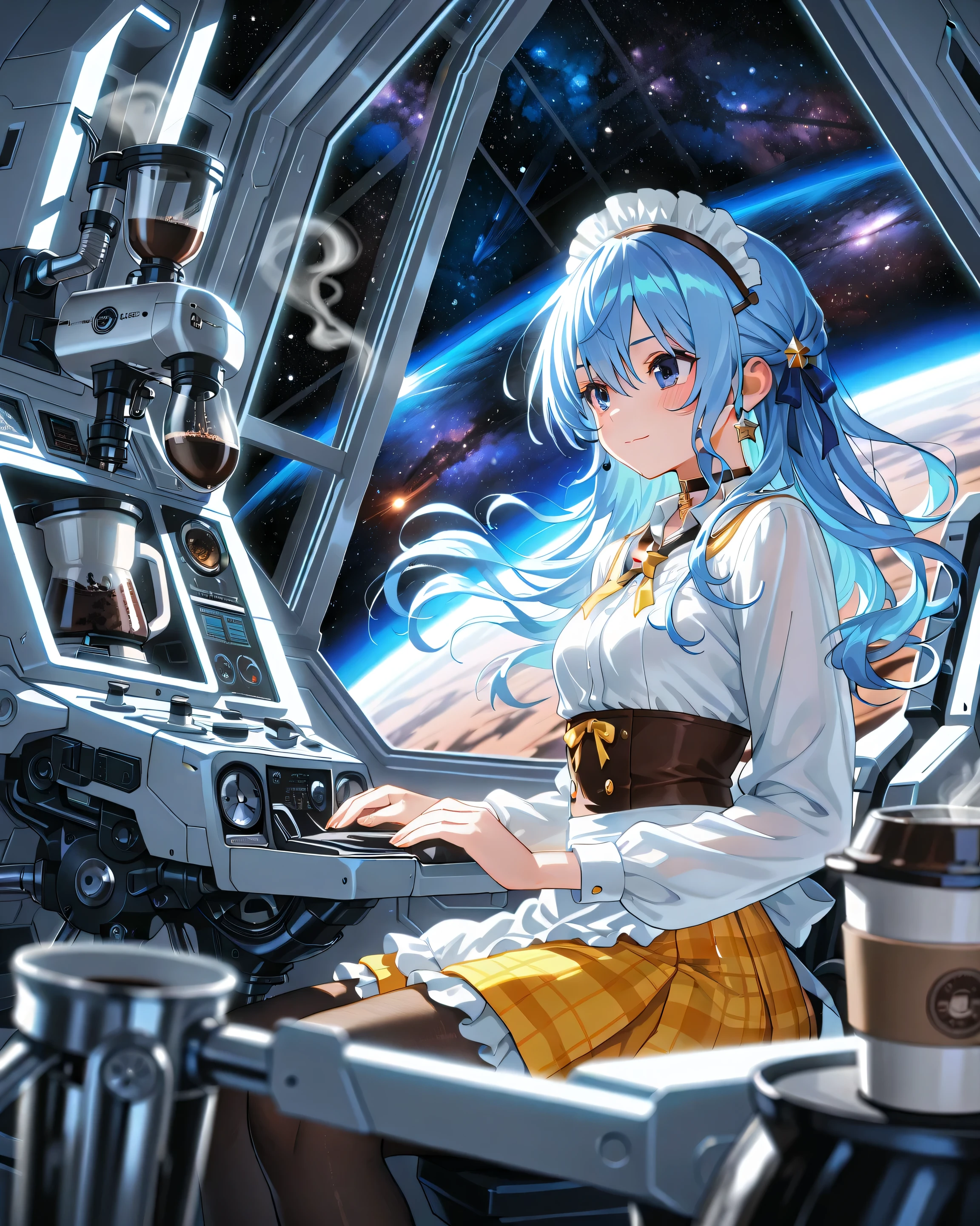 ((Masterpiece), (Highest Quality), (High Score), (High Resolution),(4k),),
(masterpiece, best quality, very aesthetic),
((indoors),(1girl),,solo,),

(,(Science fiction,(Spaceship, cockpit,(Bike Machine),), glass window, transparent monitor, ,(Space, Galaxy),(pot,Coffee cup,Coffee Maker Machine:1.4),,,(The girl straddles the pilot's seat),(Coffee pot, coffee cup, she pours coffee:(she hand holds a pot:1.3)),,,,BREAK,(Anatomically accurate structure:1.4),),

(((steam),,BREAK,(an extremely cute and beautiful girl), (Hair flowing in the wind), (hairdetailer:1.5),[(depth of field, shallow depth of field, background gradually blurred, sharp focus on character),:1.4)]))

((suisei hoshimachi, blue eyes, blue hair, choker, hair between eyes, medium hair,(low twin tails),, star choker,(maid headdress),waitress uniform, white shirt,(long-sleeved shirt:1.2), ribbon tie, short skirt, checkered skirt,brown and yellow skirt, waist apron,Sneakers,(Cufflinks), ((Chef's scarf,Brown scarf),(aristocratic-style clothing),(small breasts),),(brown underbust corset),(black (pantyhose),),((chuckle),(sweat),)(zero gravity :1),(sitting 1),[looking away:],[cowboy shot:],[from side:0.7],(flower hairpin:1.5),(she is reclining ),),
