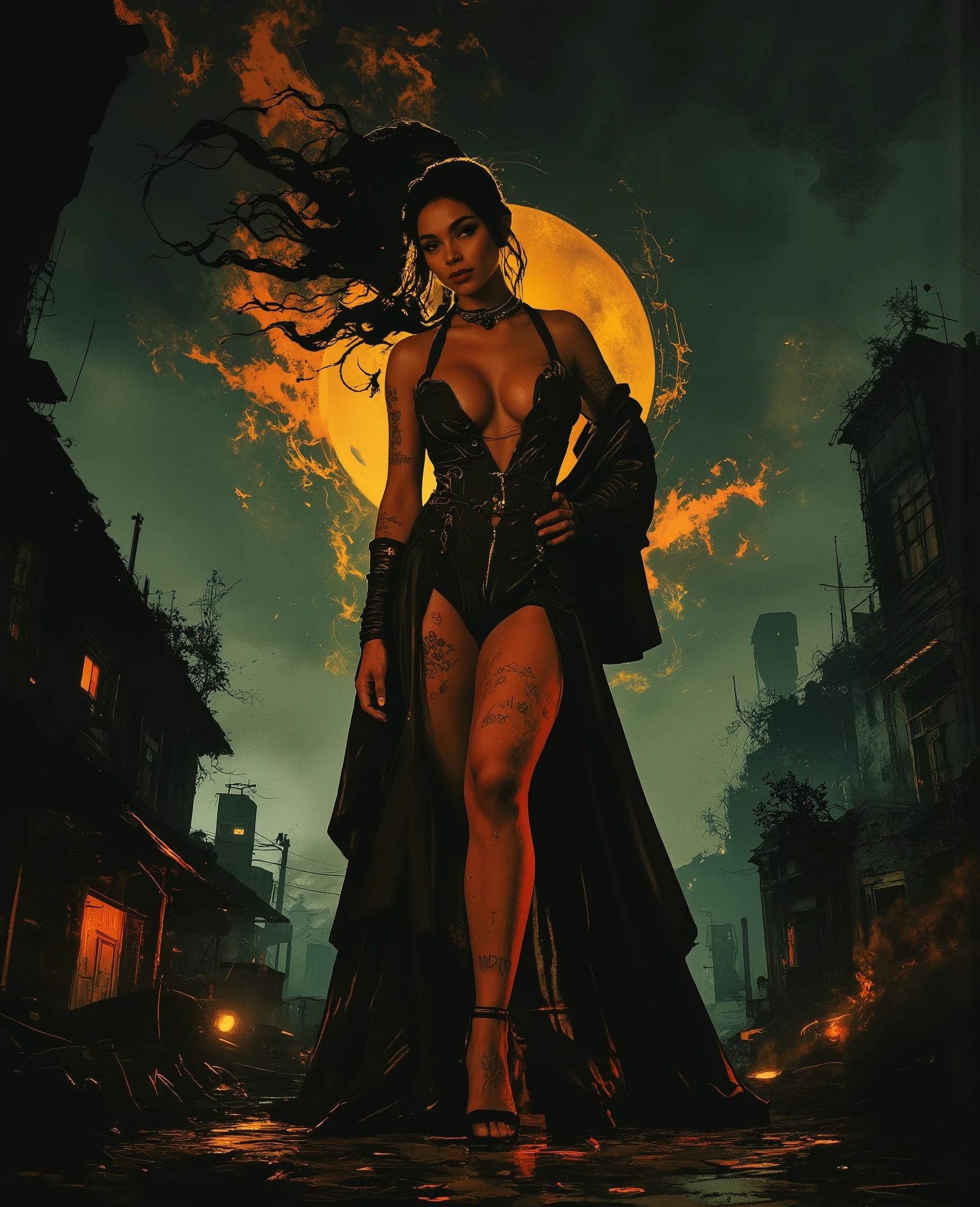 Impressionist surrealism, photo-realistic bizarre portrait of a beautiful, majestic caucasian half-Black lady—graceful yet an outcast, radiating eldritch aura and supernatural mystery. Deep golden-brown skin glows with lifelike detail. She stands in a dramatic, avant-garde gothic dress: the gown is non-explicit yet features a daring high slit that reveals her robust, long legs, and an elegant low-cut neckline showing natural cleavage. Her pose is theatrical, with large expressive dark eyes and a gap-toothed beguiling smile exuding otherworldly energy. Her physique is striking, with a petite upper body, medium 32C breasts, powerful larger arms, trim yet slightly thicker waist, dramatically wide thighs, large, round ass. Tattooed script of loved ones on her arms and chest; unfinished bowtie tattoos on thick thighs. Swirling tendrils of shadow and iridescent light evoke ancient cosmic power, casting mysterious symbols and ethereal radiance. The moody background merges crumbling antique wonders and modern facades in cool tones, surreal textures, gothic opulence, and bold lighting. Her high-fashion details draw inspiration from McQueen, Mugler, and Gaultier. She is enveloped in haunting, melancholic glamour—chosen and enchanting—blending history, futurism, and eldritch magic in a cinematic, ArtStation-worthy masterpiece. Waist and thighs a little thicker, ass larger