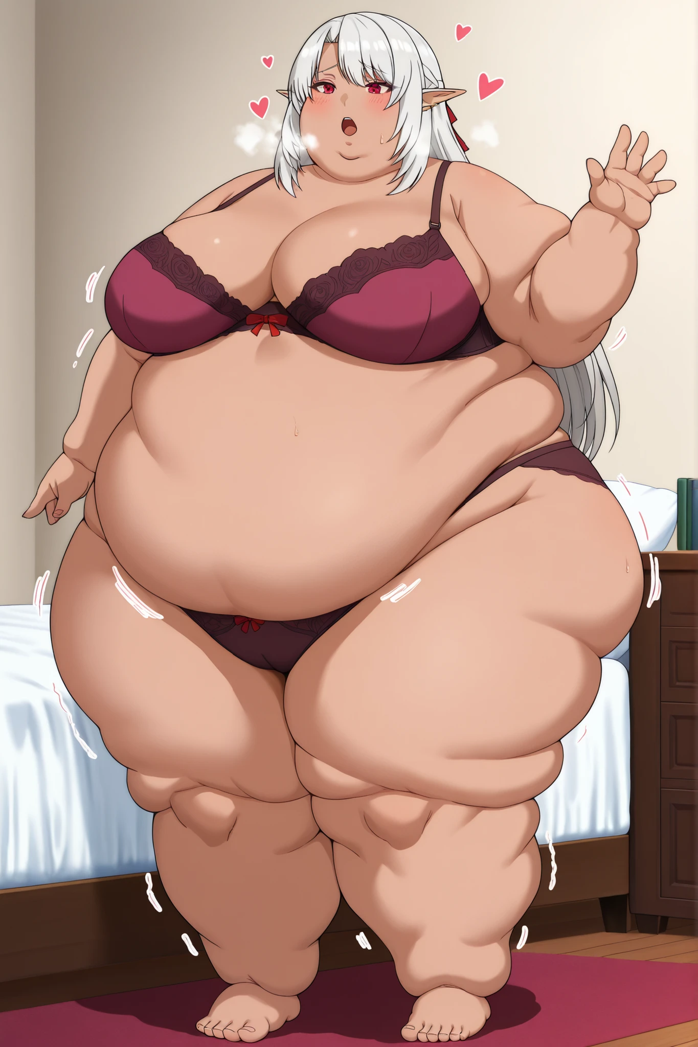 (masterpiece, ultra high definition, 16k, intricate), sharp focus, crisp details,
1girl, solo,
curvy, breasts, wide hips, female_orgasm, heart_shapes, twitching,
silk amberwood (aparida), dark elf, long hair, white hair, pointy ears, red eyes, mature female,
large breasts, fat, chubby, obese, fat neck, multiple chins, big breasts open mouth, out of breath, Larger female, full body shot, only head, large head, oversized limbs, large hands, large feet, oversized feet, oversized fingers, big lips, plump lips, fat face, fupa, big fupa, fat fupa, hunchback, bra and panties, bedroom