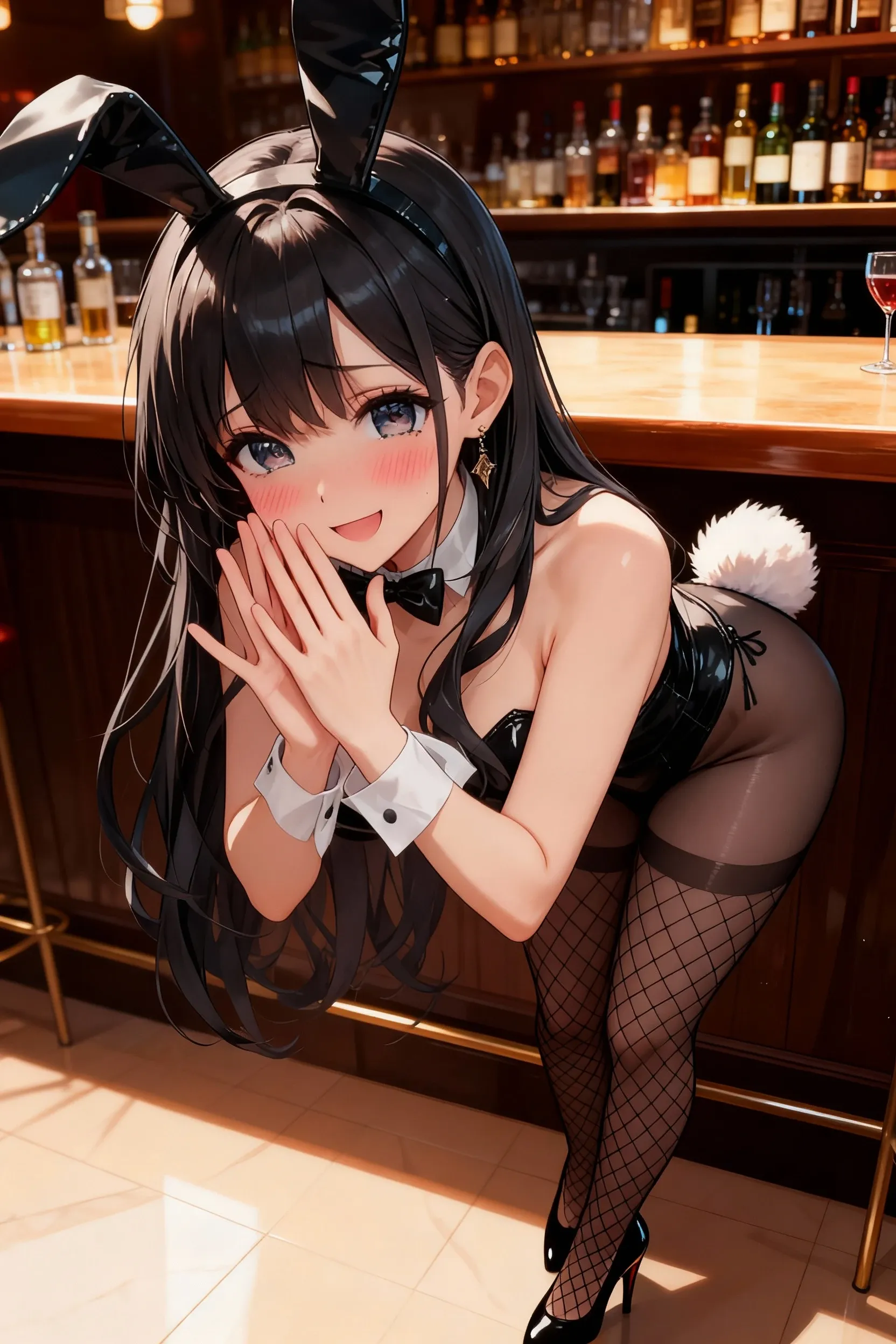 (Highest quality:1.2, Attention to detail, masterpiece:1.2, Best aesthetics), (1 girl), Cowboy Shot, ((Playboy Bunny, Fishnet tights:1.2, Bunny ears, ハイレグ leotard, 黒leotard:1.1, leotard)), (Black Hair, Long Hair, Asymmetrical bangs, Dark brown eyes), 美しいAttention to detail目, Beautiful lip detail, Highly detailed face, Detailed Fashion, elegant, luxury, High quality fabric, Shine, Shine, smile, Random Pause, Dutch Angle, bar, Nightclub, night, Dramatic lighting, Cinematic, Bright colors, Intricate details, Chiaroscuro lighting.