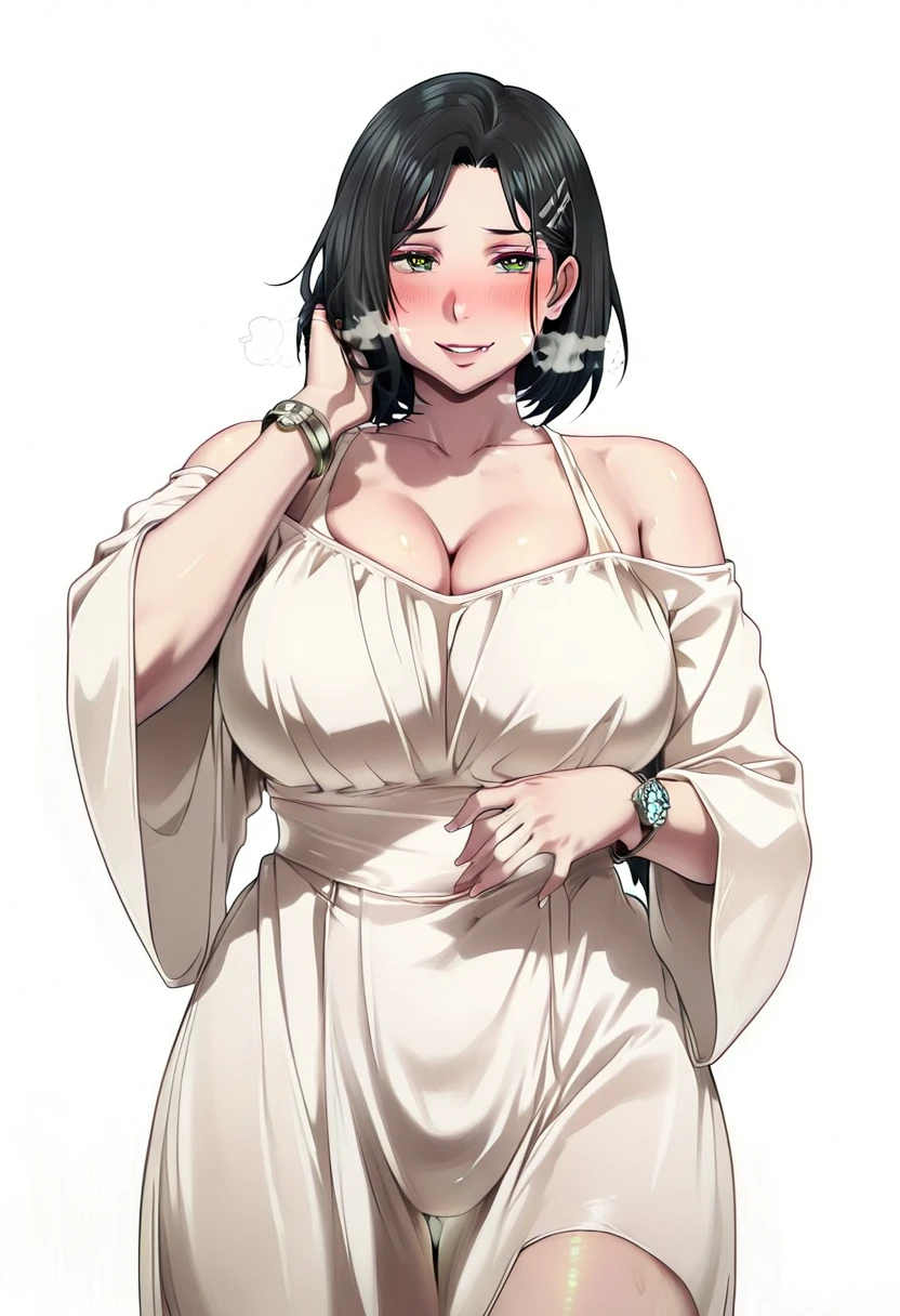 Meteor, L_Cation2, Babu-style, Hgk, (kunaboto-style:1.2), (andrian_januar_adilia-style:1.4), (saintshiro-style:1.3), (anegawa_eiji-style:1.2), (anime coloring, anime screencap), shiny skin, (voluptuous body:1.4), (mature female:1.4), (cellulite:1.3), ((anatomical correct)), ((newest, high quality, perfect composition, eye-catching, flat_colors, masterpiece)), perfect body, perfect eyes, perfect fingers, gasping, heavy breathing, gasping profusely, ((skindentation)), ((curvy, thigh gap)) suguha kirigaya, short hair, (black hair:1.3), hair ornament, hairclip, green eyes, mature female, bright pupils, plump, 1girl, breasts, solo, dress, bare_shoulders, looking_at_viewer, cleavage, white_background, white_dress, bracelet, smile, simple_background, blush, jewelry, parted_lips, collarbone, off_shoulder, wide_sleeves