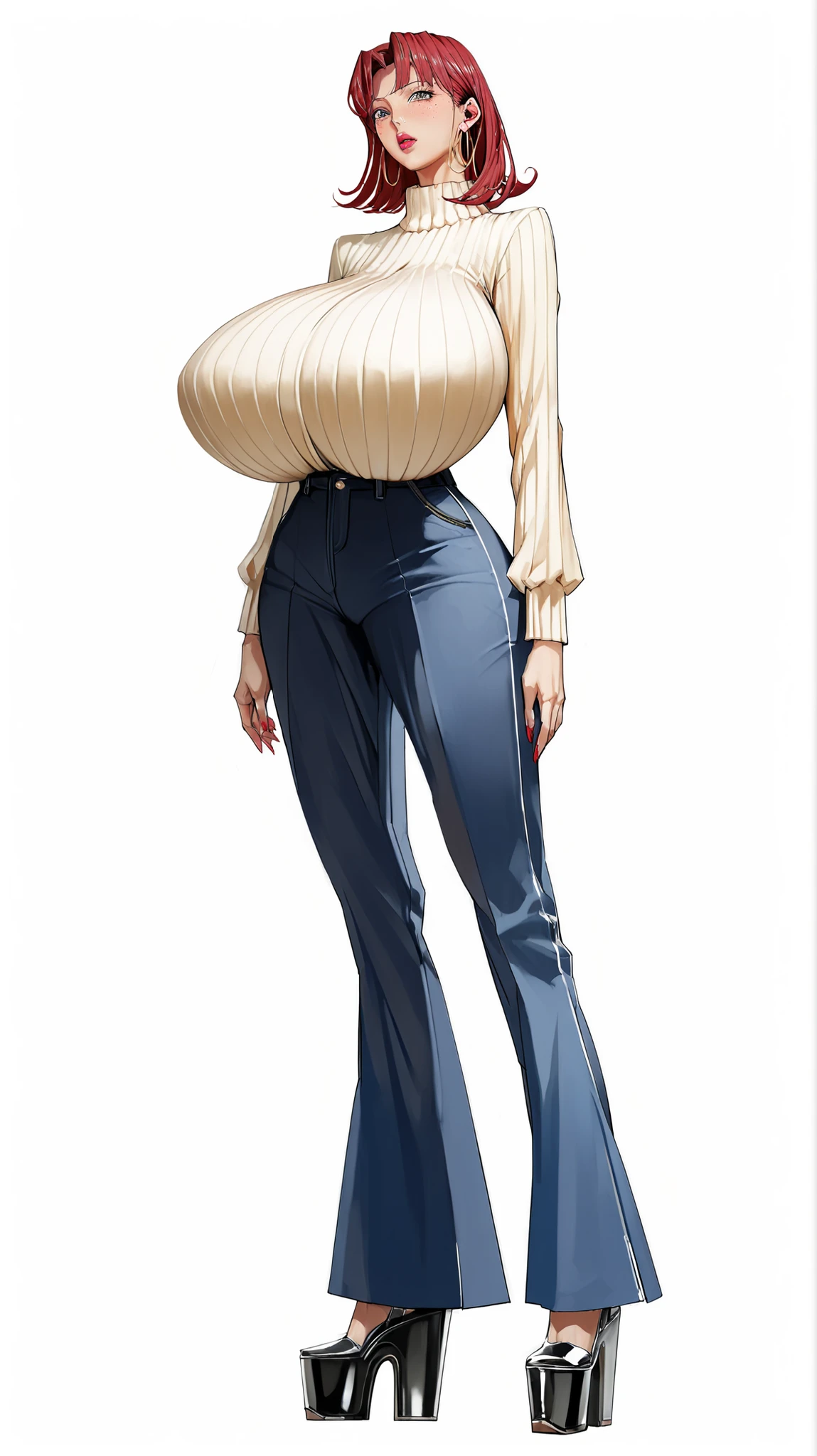 white background,simple background, Mature woman, Irish woman with freckles facing forward, white skin tone, high cheekbones, middle-parted hair, cut hair, red hair, mid-length hair, big lips, glossy pink lips, tall, curvaceous, wide hips, massive breasts, huge ass, tight turtleneck sweater, 2000s low rise trousers, wide leg trousers, platform shoes, hoop earrings, hip dips, slim thick, HyperSag, huge breasts, gigantic breasts, modeling, lips bimbo,score_9, score_8_up, score_7_up, score_6_up, score_5_up, score_4_up, 1 woman, {{{Masterpiece}}, {{{Hyper Detailed}}}, {{{best quality}}},score_9, score_8_up, score_7_up, score_6_up, score_5_up, score_4_up, 1 woman, (huge breasts: 1.4), {{{Masterpiece}}, {{{Hyper Detailed}}}, {{{best quality}}, facing the viewer, pure white background, high-end photography, masterpiece quality