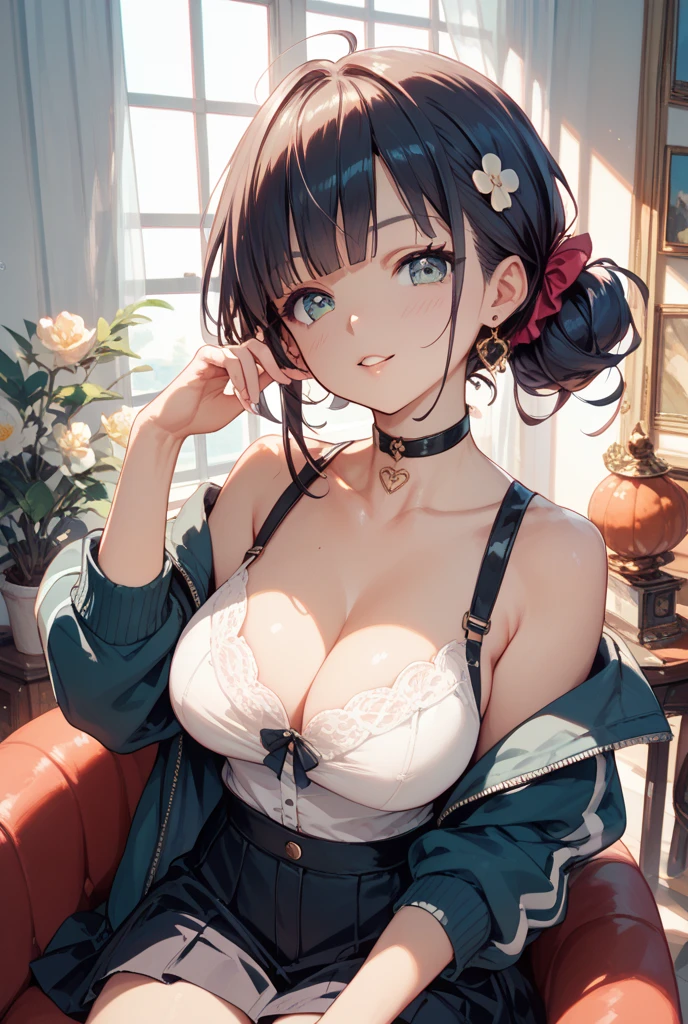 masterpiece,highest quality, Ultra-high resolution,(clear, Beautiful woman:1.2),(Upward-facing ?????, Beautiful ????????????), Cleavage,  (Happy:1.2),(enjoy:1.2), Embarrassing, Blushing, (Black Hair:1), short roll-up ponytail, (Squint your eyes:1.4), Sweaty body, Hot body, Elated face, Pleasure, portrait of a beautiful detailed girl with long hair, Shiny brown hair and charming green eyes, ((Wear a thin Parker, off-shoulder)), (Clothes falling apart, White shirt), (Beautiful lace bra, White and black bra, thin), Her bright smile accentuated her big, perfect ???????, Sitting on the sofa at home,Spread your ?????????,