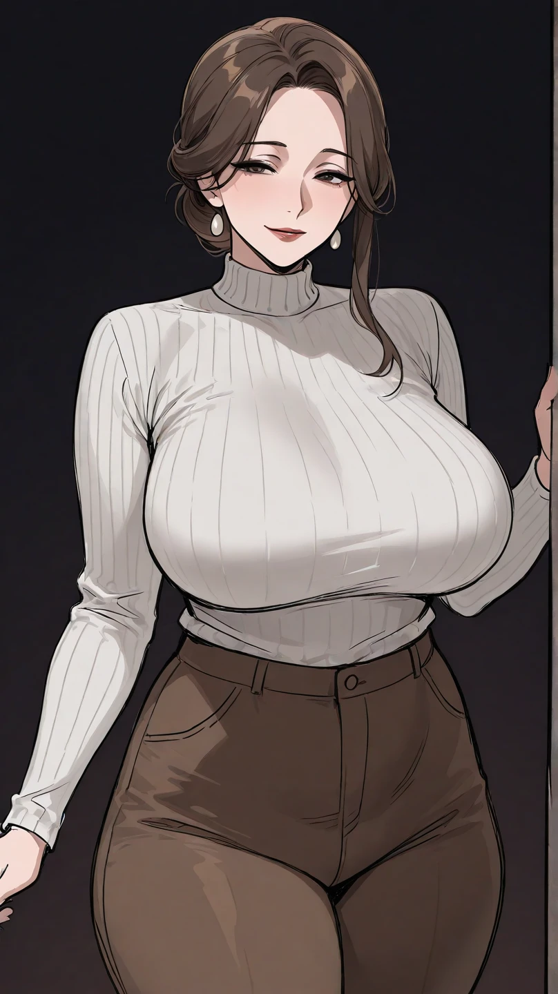 <lora:MrsAhn_pony_v1:.8> MrsAhn, 1girl, solo,  mature female, brown hair, large breasts, brown eyes, single hair bun,, lipstick,eyeshadow, cowboy shot,  <lora:open-chest-sweater-ponyxl-lora-nochekaiser:1> open-chest sweater, ribbed sweater, cleavage cutout, meme attire, clothing cutout, turtleneck, sweater dress, cleavage, clothes tug, sweater pull, cleavage reach,