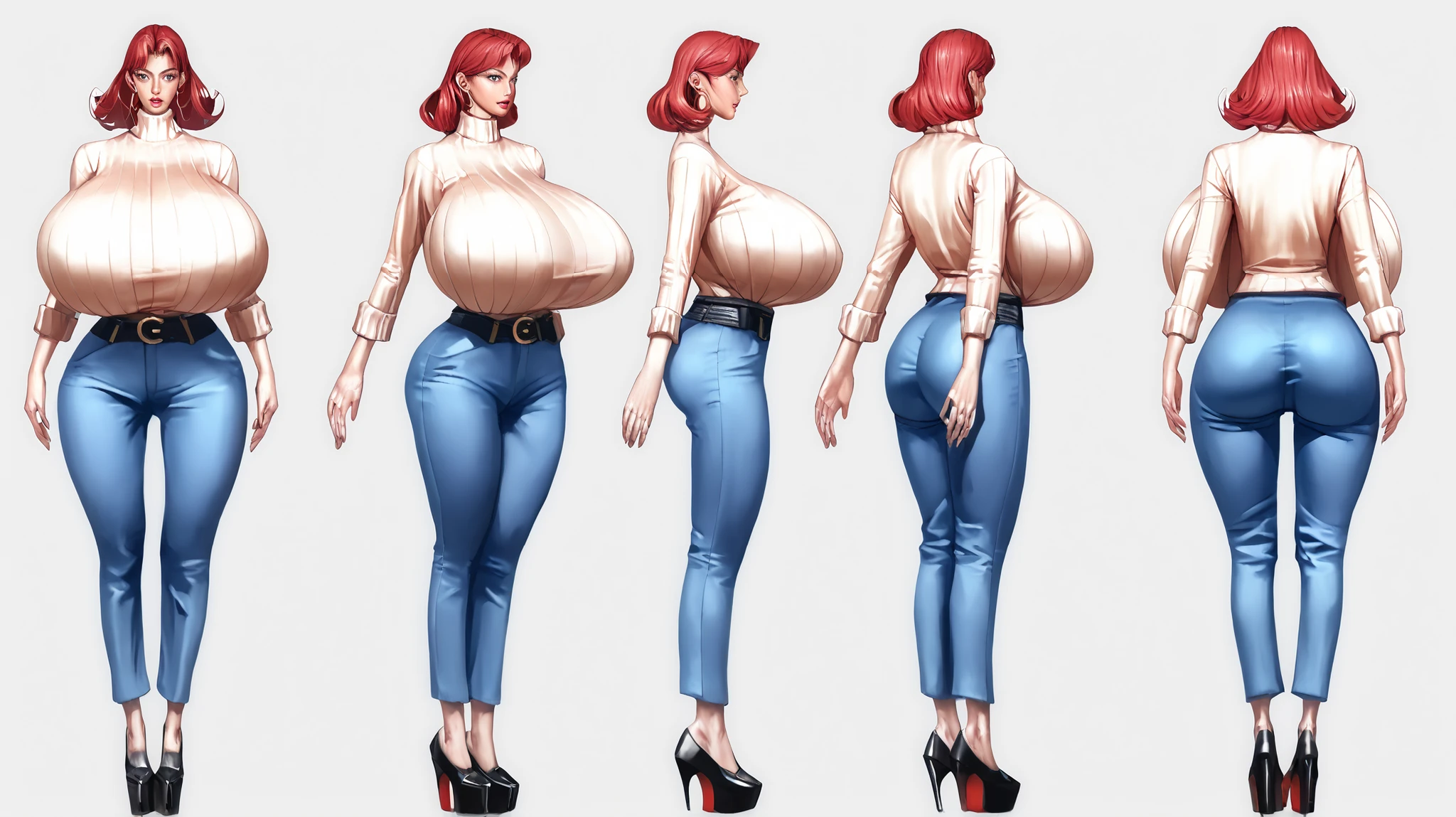 Character sheet, concept, white background,simple background, Mature woman, Irish woman with freckles facing forward, white skin tone, high cheekbones, middle-parted hair, cut hair, red hair, mid-length hair, big lips, glossy pink lips, tall, curvaceous, wide hips, massive breasts, huge ass, tight turtleneck sweater, 2000s low rise trousers, wide leg trousers, platform shoes, hoop earrings, hip dips, slim thick, HyperSag, huge breasts, gigantic breasts, modeling, lips bimbo,score_9, score_8_up, score_7_up, score_6_up, score_5_up, score_4_up, 1 woman, {{{Masterpiece}}, {{{Hyper Detailed}}}, {{{best quality}}},score_9, score_8_up, score_7_up, score_6_up, score_5_up, score_4_up, 1 woman, (huge breasts: 1.4), {{{Masterpiece}}, {{{Hyper Detailed}}}, {{{best quality}}, facing the viewer, pure white background, high-end photography, masterpiece quality
