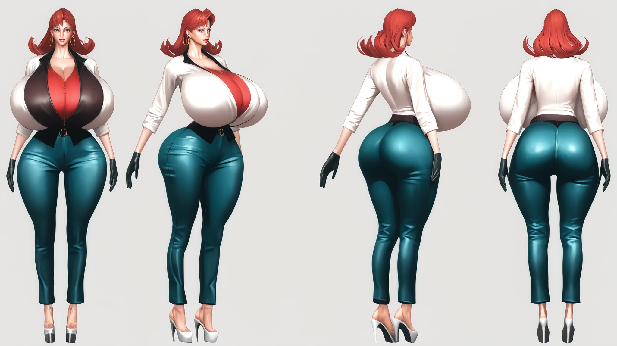 Character sheet, character concept art, white background,simple background, Mature woman, Irish woman with freckles, white skin tone, high cheekbones, middle-parted hair, cut hair, red hair, mid-length hair, big lips, glossy pink lips, tall, curvaceous, wide hips, massive breasts, huge ass, pin-stripe vest, midriff wide leg pin-stripe trousers, platform shoes, low rise trousers, hoop earrings, hip dips, slim thick, HyperSag, huge breasts, gigantic breasts, modeling and facing the viewers, lips bimbo,score_9, score_8_up, score_7_up, score_6_up, score_5_up, score_4_up, 1 woman, {{{Masterpiece}}, {{{Hyper Detailed}}}, {{{best quality}}},score_9, score_8_up, score_7_up, score_6_up, score_5_up, score_4_up, 1 woman, (huge breasts: 1.4), {{{Masterpiece}}, {{{Hyper Detailed}}}, {{{best quality}}