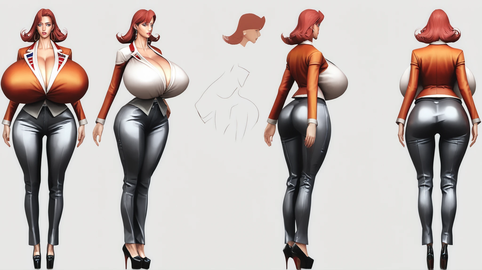 Character sheet, character concept art, white background,simple background, Mature woman, Irish woman with freckles, white skin tone, high cheekbones, middle-parted hair, cut hair, red hair, mid-length hair, big lips, glossy pink lips, tall, curvaceous, wide hips, massive breasts, huge ass, pin-stripe vest, midriff wide leg pin-stripe trousers, platform shoes, low rise trousers, hoop earrings, hip dips, slim thick, HyperSag, huge breasts, gigantic breasts, modeling and facing the viewers, lips bimbo,score_9, score_8_up, score_7_up, score_6_up, score_5_up, score_4_up, 1 woman, {{{Masterpiece}}, {{{Hyper Detailed}}}, {{{best quality}}},score_9, score_8_up, score_7_up, score_6_up, score_5_up, score_4_up, 1 woman, (huge breasts: 1.4), {{{Masterpiece}}, {{{Hyper Detailed}}}, {{{best quality}}