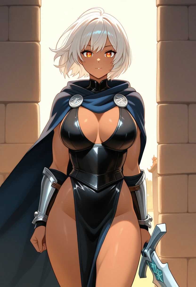 Um cavaleiro albino masculino com cabelo comprido, vestindo armadura pesada com capuz vermelho carregando espadas longas