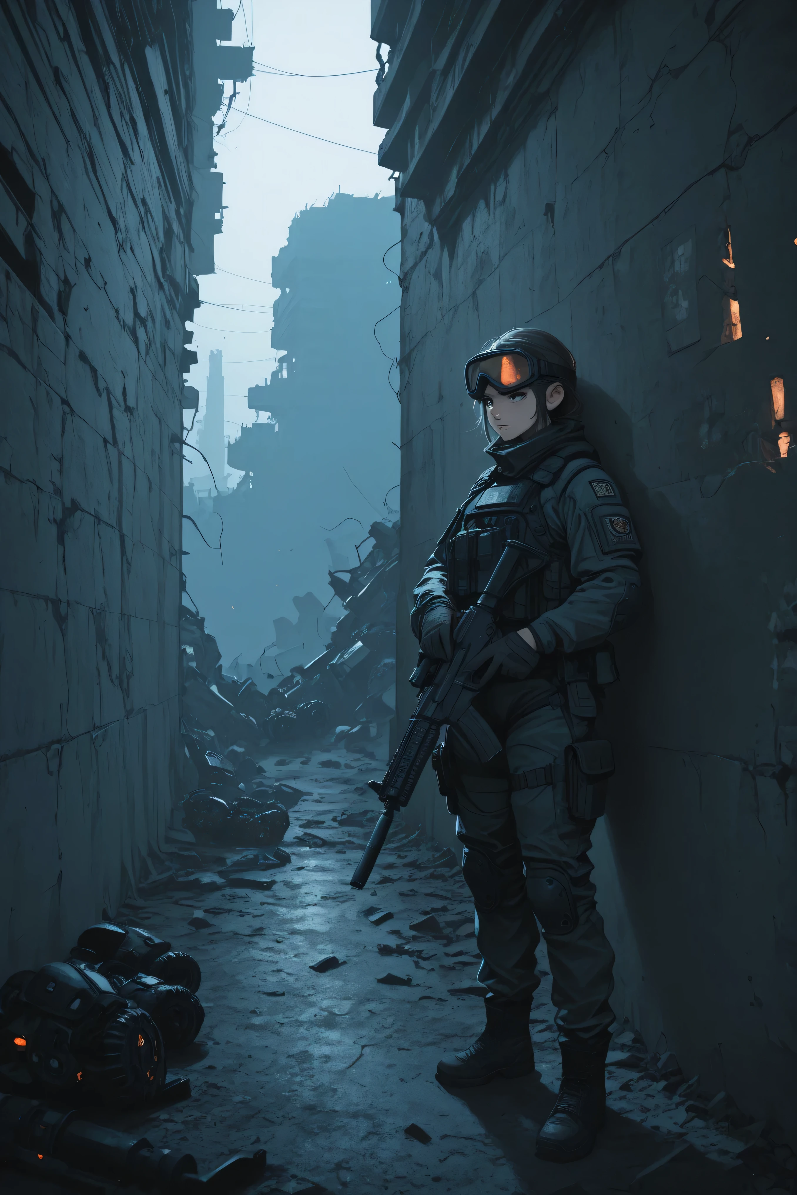 1girl soldier, taking cover behind broken wall, wearing tactical combat gears, assault rifle, battlefield, ballistic goggles, full wide shot, ((detailed background, dramatic lighting)), masterpiece, best quality, absurd resolution, 4k, score_9, score_8_up, score_7_up,