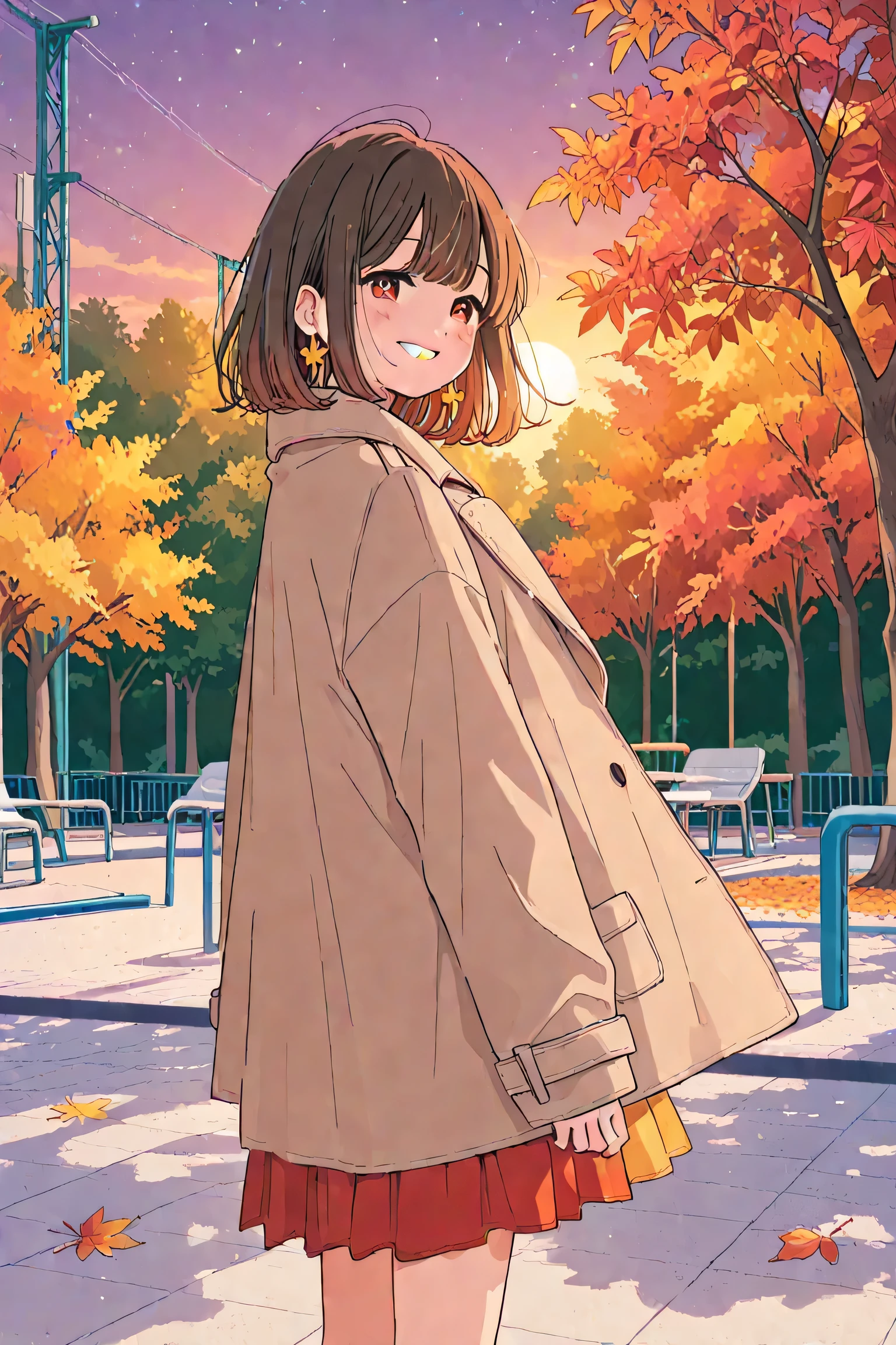 Autumn Leaves Dance Park、A woman smiling happily、look back here、Dressed in a coat、the hem of the skirt flips up
Composition from the front(1:6)、Setting Sunset、 Faintly Visible Stars