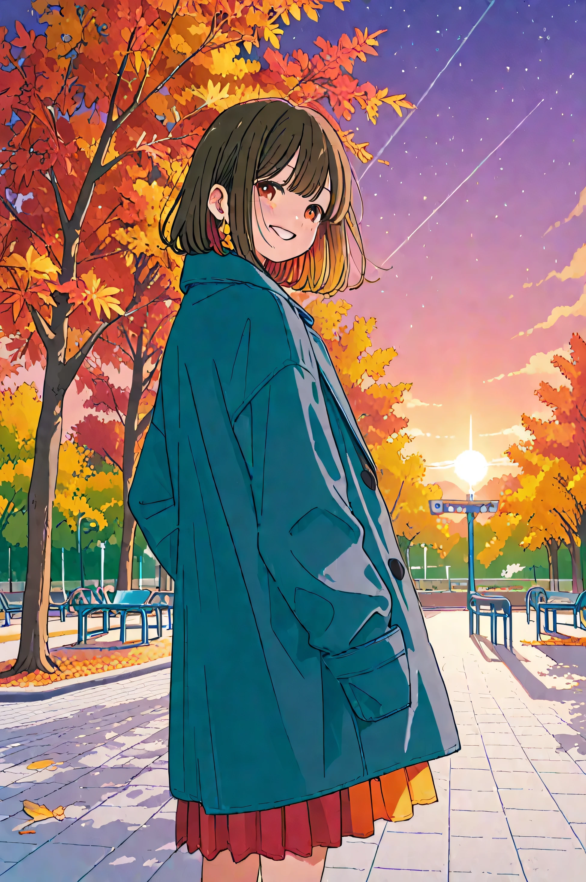 Autumn Leaves Dance Park、A woman smiling happily、look back here、Dressed in a coat、the hem of the skirt flips up

Composition from the front（1:6）、Setting Sunset、 Faintly Visible Stars 、4K、high definition