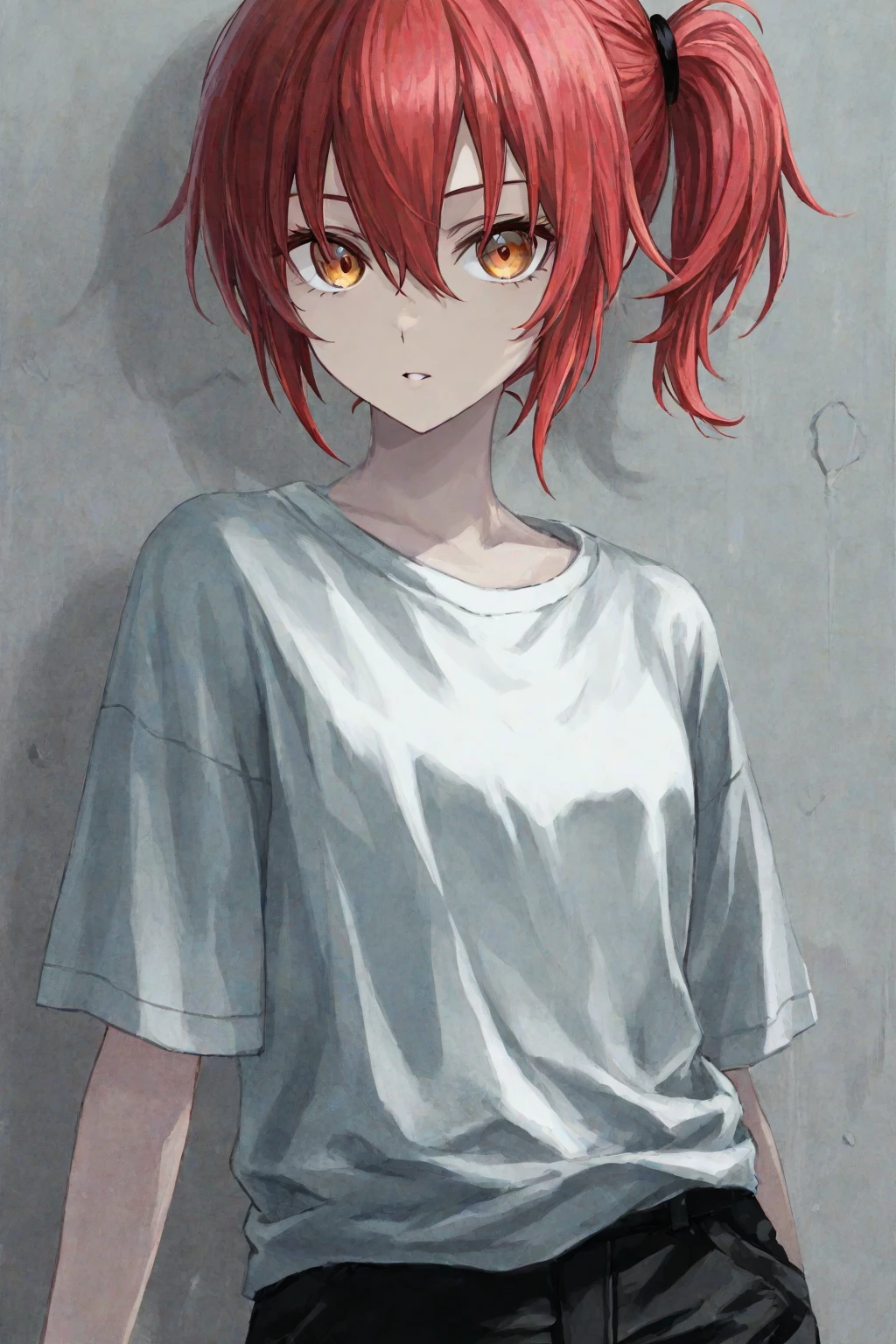 Red Hair， Red pupil， Accented teto， Flat style animation， Solid color background，High saturation coloring， Saturation contrast is obvious， The lines are obvious， 