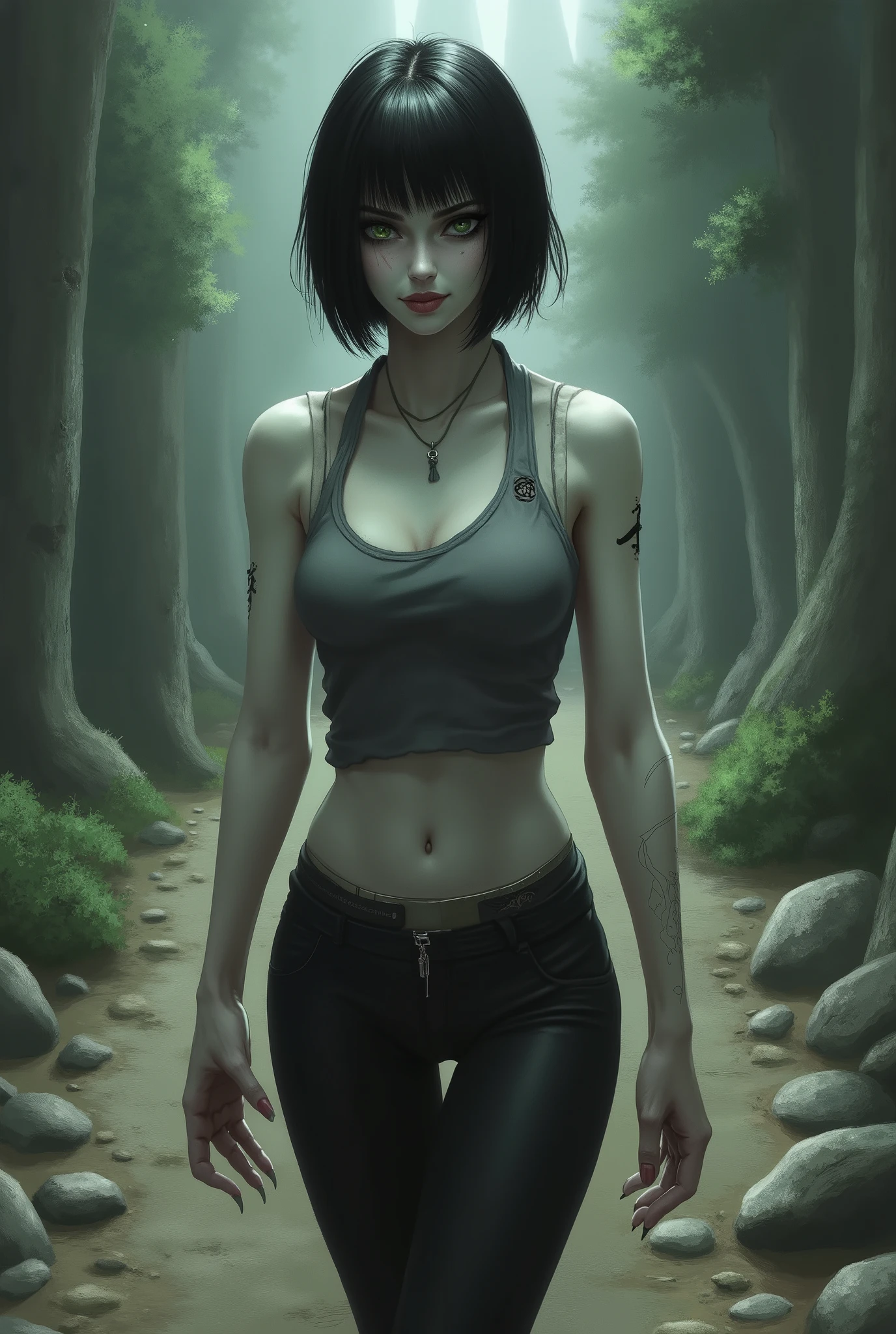 REALISTIC illustration, retrato, vampiric woman in her 20s, short black hair style boy with a fringe, very pale skin, dark green eyes, comon face, thin but fibrous body of an athlete, flat breast, (((con garras salvajes))), sudadera gris de deporte con capucha, pantalón leggin negro. In the background a path through a stony forest.