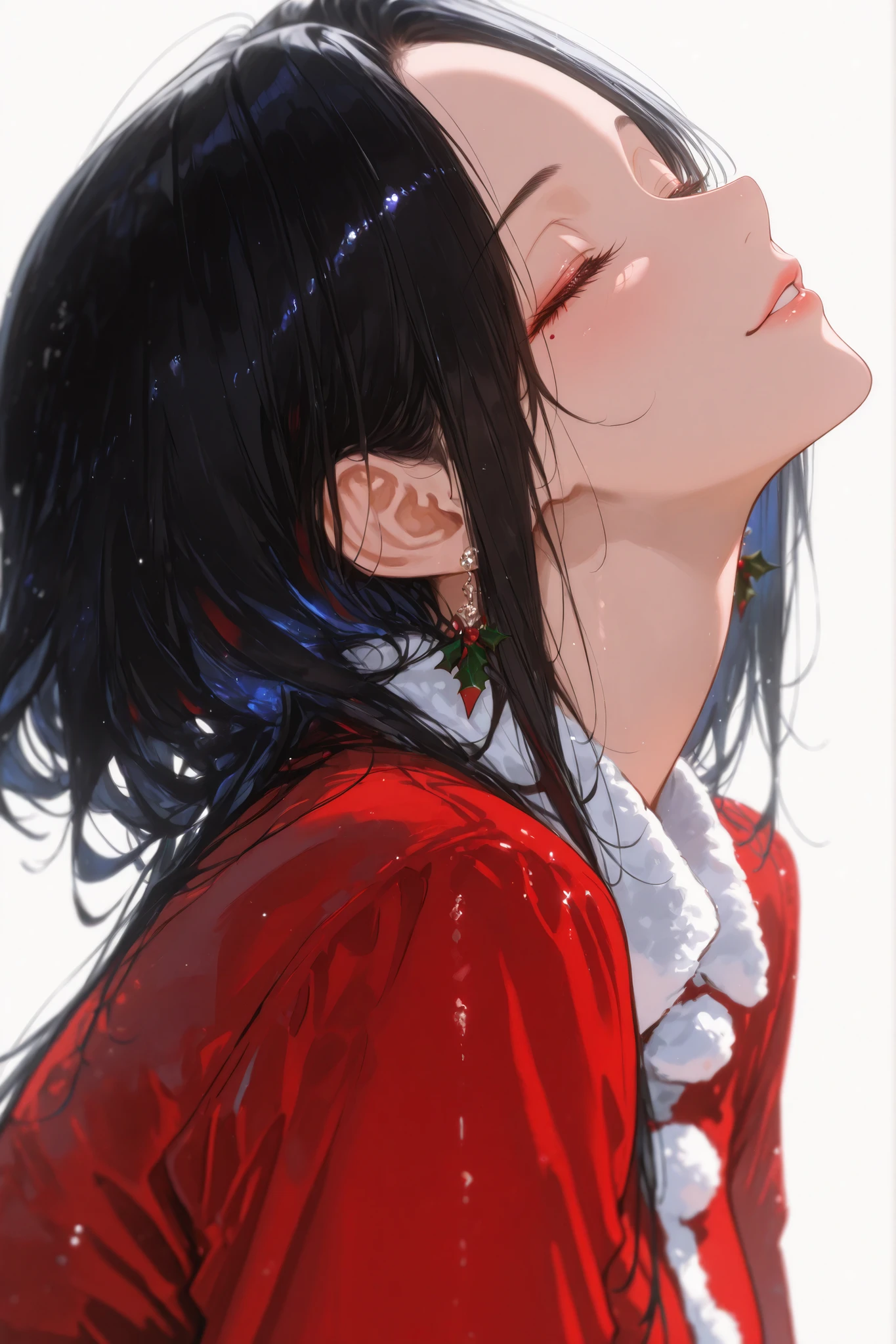 (Masterpiece Level:1.2, Highest Quality),
(Meticulously Detailed CG, Ultra-Detailed),
(Extremely Detailed and Beautiful:1.1), (Perfect detail:1.1),
Solo, elegant female posture,
1 female, A woman in her 30s with long black hair, forehead, off-center part, closed eyes, and a faint smile, beautiful and delicate eyes, red santa clothes, x-mas, christmas