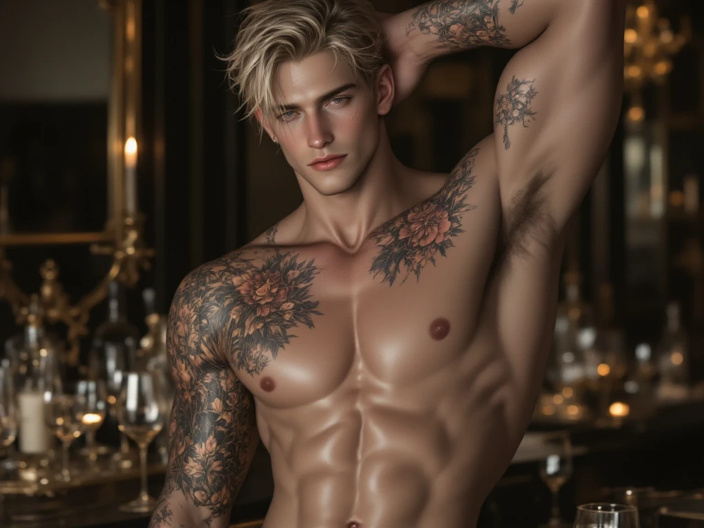Handsome, blond and muscular man. He has tattooed his neck,  and arms with n floral motifs. Hyper-detailed. Photorealistic. 8k. High quality