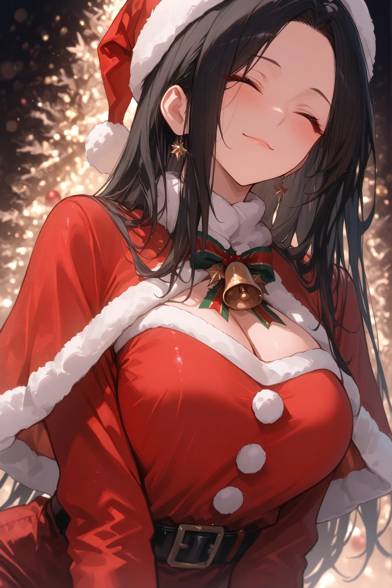 masterpiece, high quality, utra-detailed,
1 female, solo, elegant female posture, around 30 years old, long black hair, forehead, off-center part, closed eyes, faint smile, red santa clothes, x-mas, christmas