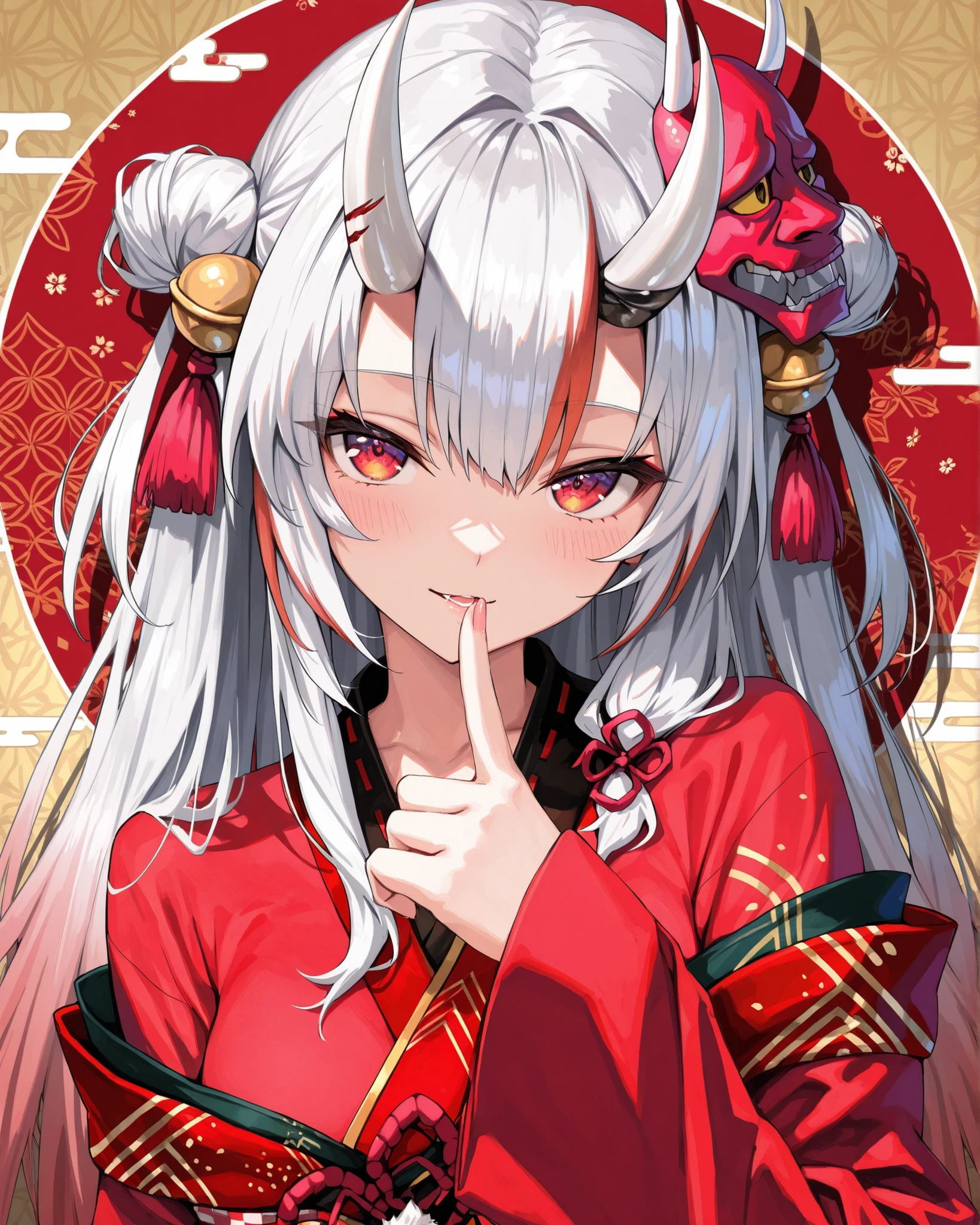 1 sexy gal ,Nakiri Ayame_(ホロライブ), solo, (masterpiece, top quality, highly detailed depiction, incredibly high resolution, high quality anime picture), (voluminous A-line silhouette), (seductive gestures),
Kaleidoshutter, cute, 748cm style, (masterpiece:1.2, best quality), (beautiful detailed eyes:1.2), ((beautiful girl)), (very detailed CG, ultra detailed), (very detailed and beautiful:1.1), (perfect details:1.1), a single girl inside a kaleidoscope, horn, kimono, hair ornament, looking at viewer, kaleidoscope background, vibrant colors, intricate patterns.