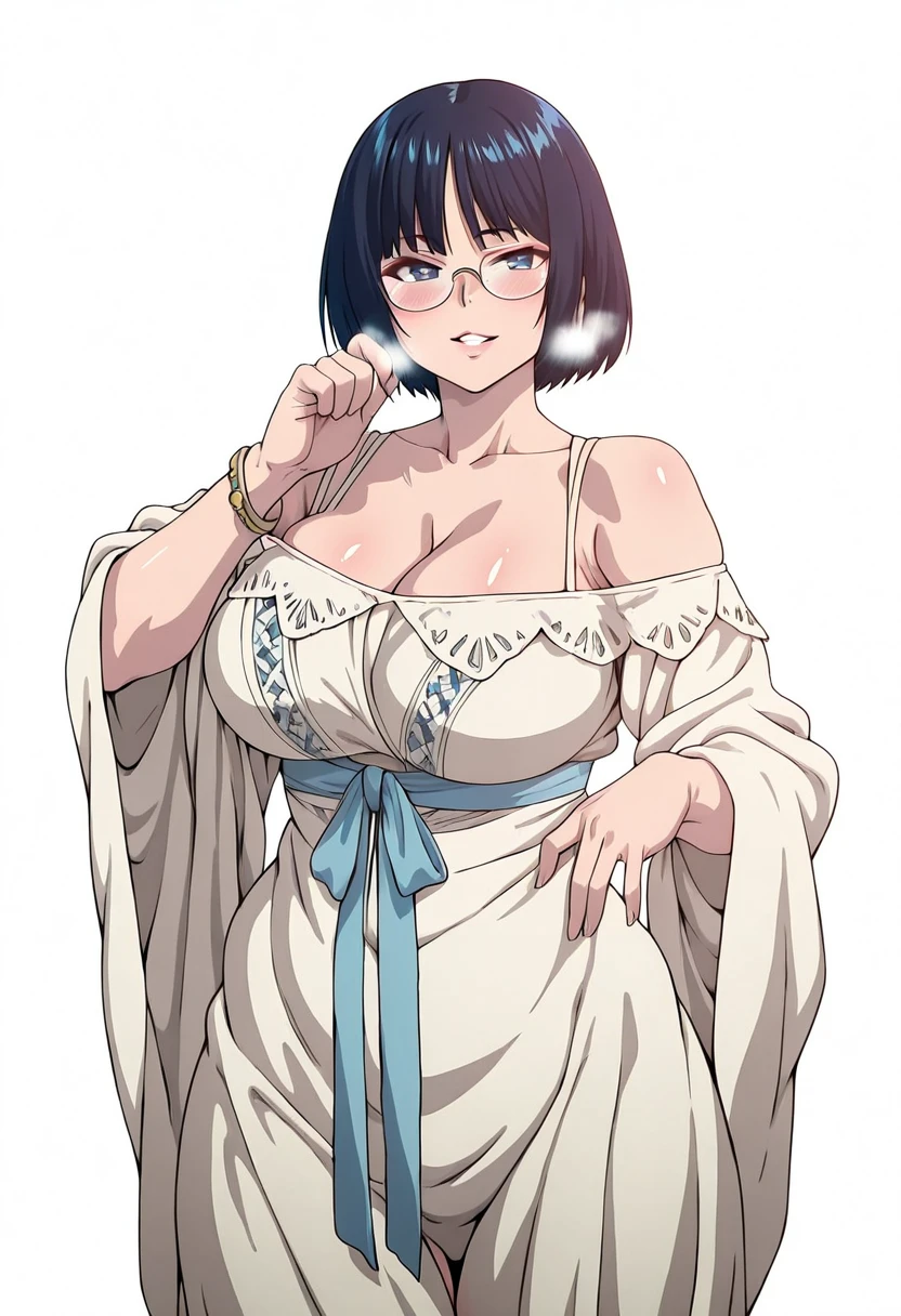 Meteor, Manhwa, L_Cation2, babu-style, Hgk, (gggg-style:1.5), (jeneral-style:1.2), (zonda_(solid_air)-style:1.4), (saintshiro-style:1.3), (osiimi-style:1.1), ((anime coloring, anime screencap)), shiny skin, Hand drawn, cinematic, Sharp focus, humorous illustration, big depth of field,(cellulite:1.2) Masterpiece, ((cinematic, backlighting)), concept art, trending on artstation, Vivid colors, Simplified style, trending on ArtStation, trending on CGSociety, Intricate, Vibrant colors, Soft Shading, Simplistic Features, Sharp Angles, Playful, (voluptuous body:1.4), (mature female:1.4), ((anatomical correct)), perfect body, perfect eyes, perfect fingers, gasping, heavy breathing, gasping profusely, ((skindentation)), ((curvy, thigh gap)) yuuki karin, short hair, black hair, bob cut, wispy bangs, blue eyes, ((rounded eyewear)), bright pupils, plump, 1girl, breasts, solo, dress, bare_shoulders, looking_at_viewer, cleavage, white_background, white_dress, bracelet, smile, simple_background, blush, jewelry, parted_lips, collarbone, off_shoulder, wide_sleeves, shaded face