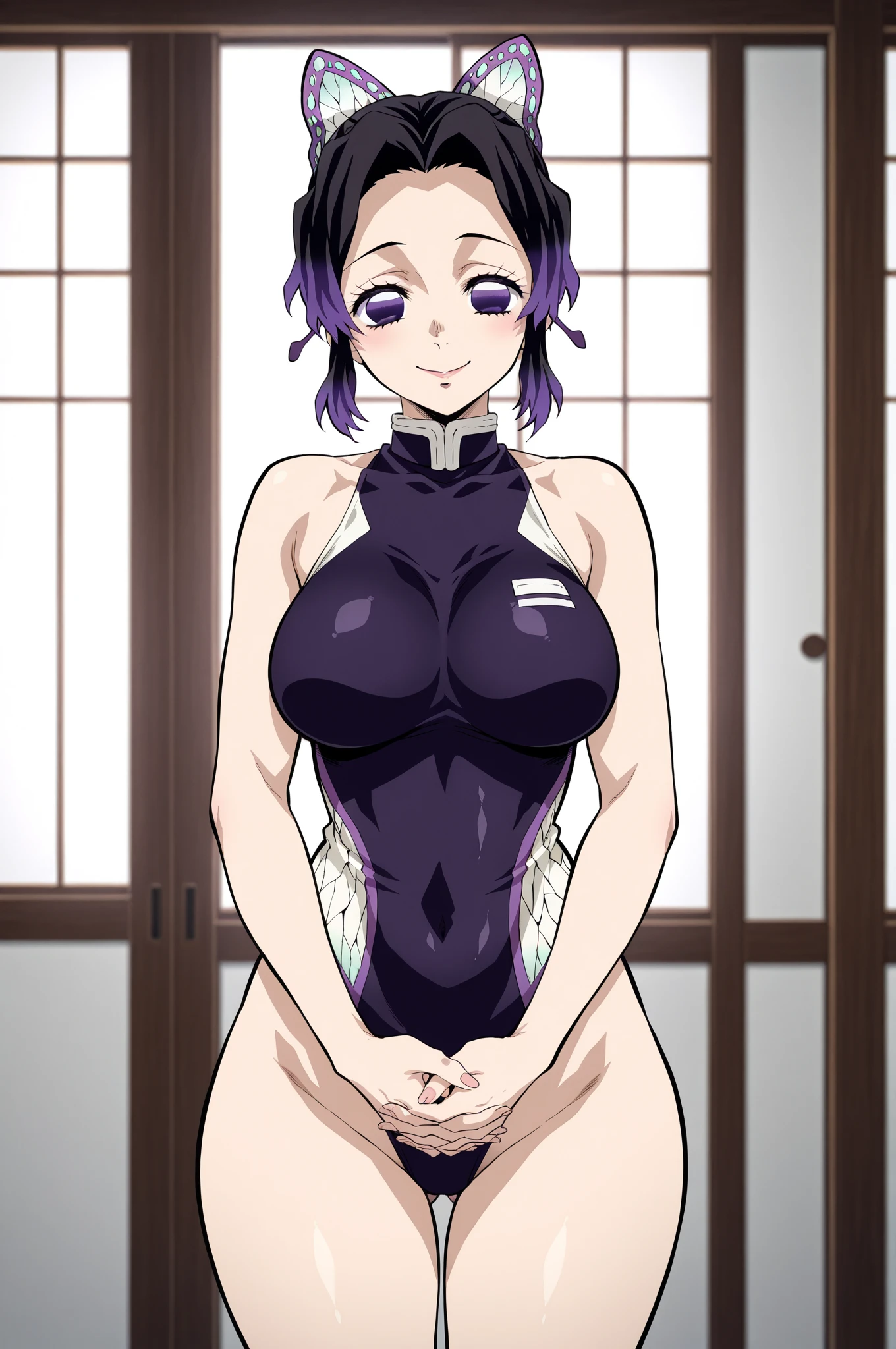 masterpiece, highest quality, High resolution,Videl, alone, blue eyes, Black Hair, Purple skin-tight suit, , Cowboy Shot, Serious face,smile, Hands on hips,Boyish hairstyle,very short hair,blush,Backwards,Butt,