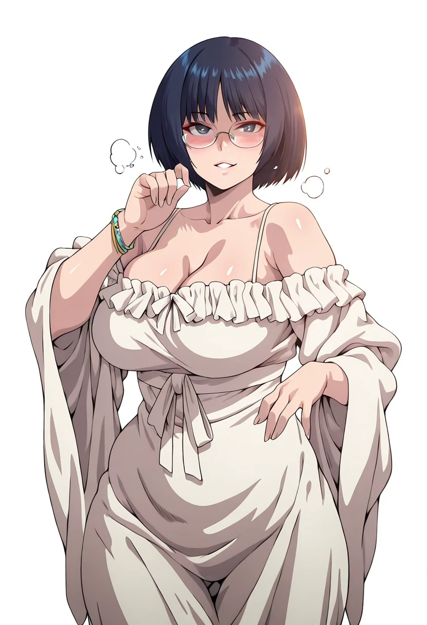 Meteor, Manhwa, L_Cation2, babu-style, Hgk, (gggg-style:1.5), (jeneral-style:1.2), (zonda_(solid_air)-style:1.4), (saintshiro-style:1.3), (jjune-style:1.1), ((anime coloring, anime screencap)), shiny skin, Hand drawn, cinematic, Sharp focus, humorous illustration, big depth of field,(cellulite:1.2) Masterpiece, ((cinematic, backlighting)), concept art, trending on artstation, Vivid colors, Simplified style, trending on ArtStation, trending on CGSociety, Intricate, Vibrant colors, Soft Shading, Simplistic Features, Sharp Angles, Playful, (voluptuous body:1.4), (mature female:1.4), ((anatomical correct)), perfect body, perfect eyes, perfect fingers, gasping, heavy breathing, gasping profusely, ((skindentation)), ((curvy, thigh gap)) yuuki karin, short hair, black hair, bob cut, wispy bangs, blue eyes, ((rounded eyewear)), bright pupils, plump, 1girl, breasts, solo, dress, bare_shoulders, looking_at_viewer, cleavage, white_background, white_dress, bracelet, smile, simple_background, blush, jewelry, parted_lips, collarbone, off_shoulder, wide_sleeves, shaded face