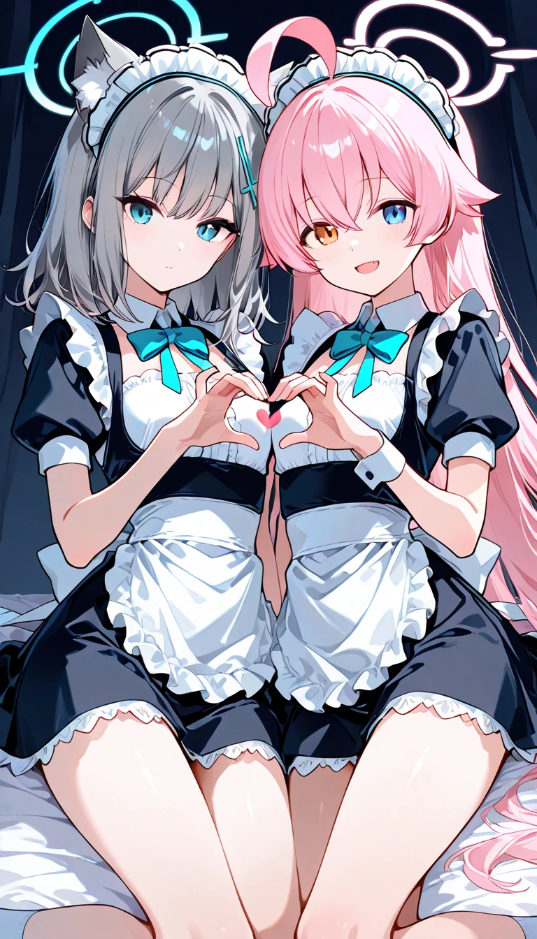 2 Girls with pink hair, long twin-tail hairstyle, ((small pink bushy eyebrows)), dressed in gothic lolita clothing,  (Zankuro) drawing style by zankuro artist, Zancro style, image uploaded to R34, ((flirty smile)) , in restaurant, lifting her dress to show her wide and  hips,  in her hands, ((with a question expression ))  on mouth