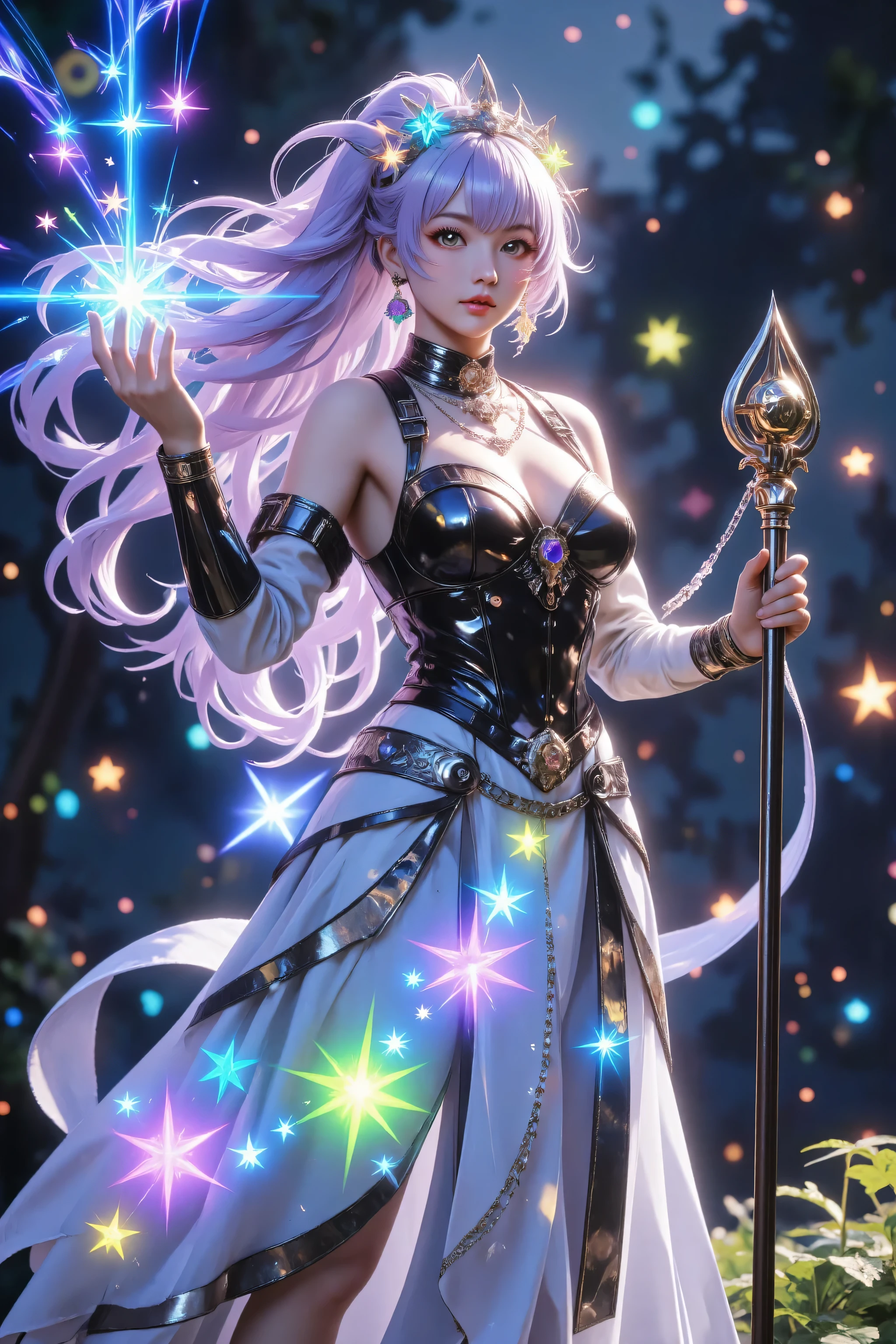 ,aidmamjv7,Colorful,female human druid of the stars, guardian of nature, controlling magical energy made of stars, swirling blue stary magical light, divine symbols high details, dynamic angle, human female, extremally beautiful, ultra feminine, dynamic hair, dynamic hair color, wearing leather armor , holding a staff, moon light, stars, dynamic natural background, RPG art, magical atmosphere magic-fantasy-forest, dnd art, rpg art ultra best realistic, best details, best quality, 16k, masterpiece, best quality, (extremely detailed), photorealism, depth of field, hyper realistic painting, ultra wide shot, , realistic art ,