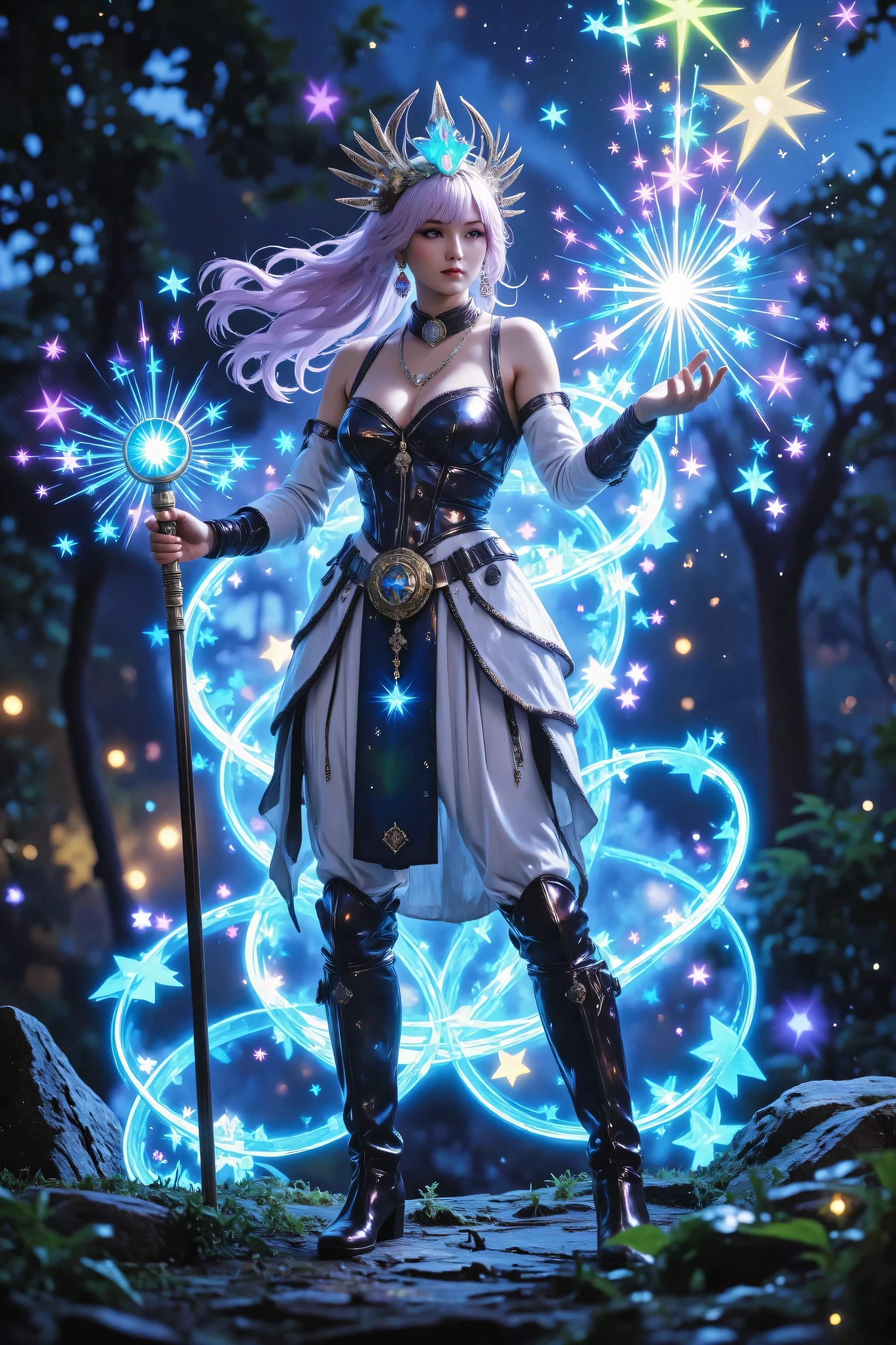 ,aidmamjv7,Colorful,female human druid of the stars, guardian of nature, controlling magical energy made of stars, swirling blue stary magical light, divine symbols high details, dynamic angle, human female, extremally beautiful, ultra feminine, dynamic hair, dynamic hair color, wearing leather armor , holding a staff, moon light, stars, dynamic natural background, RPG art, magical atmosphere magic-fantasy-forest, dnd art, rpg art ultra best realistic, best details, best quality, 16k, masterpiece, best quality, (extremely detailed), photorealism, depth of field, hyper realistic painting, ultra wide shot, , realistic art ,