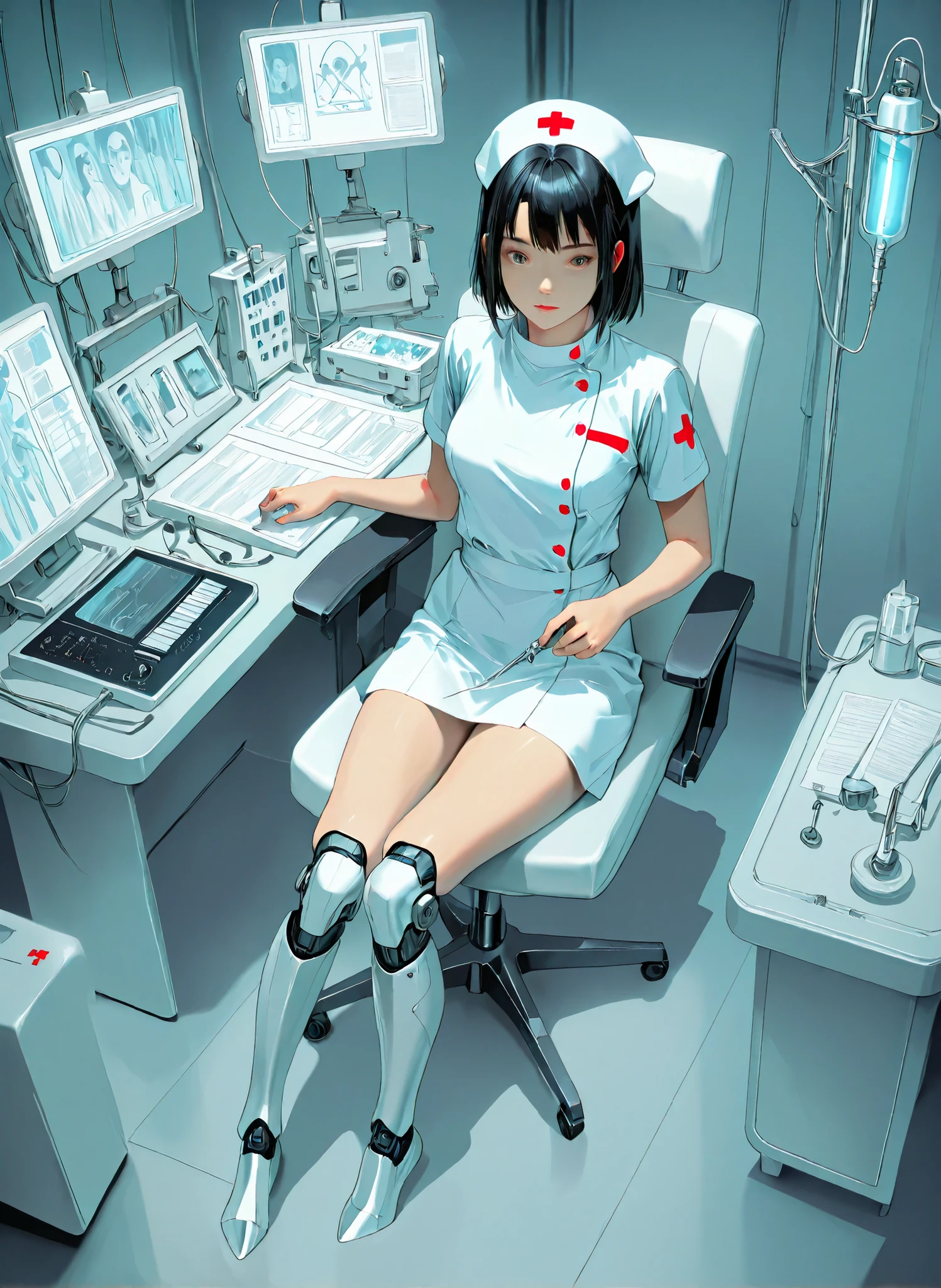 Photorealistic anime, attractive young surgeon with mask who is about to install a high-tech prosthesis on the patient's right leg, two nurses in the background preparing instruments, futuristic operating room with medical equipment 2.0, bright surgical lights from above, sharp focus on the procedure, definite expressions, precise anatomical details, cinematic anime style, dramatic perspective, HDR quality