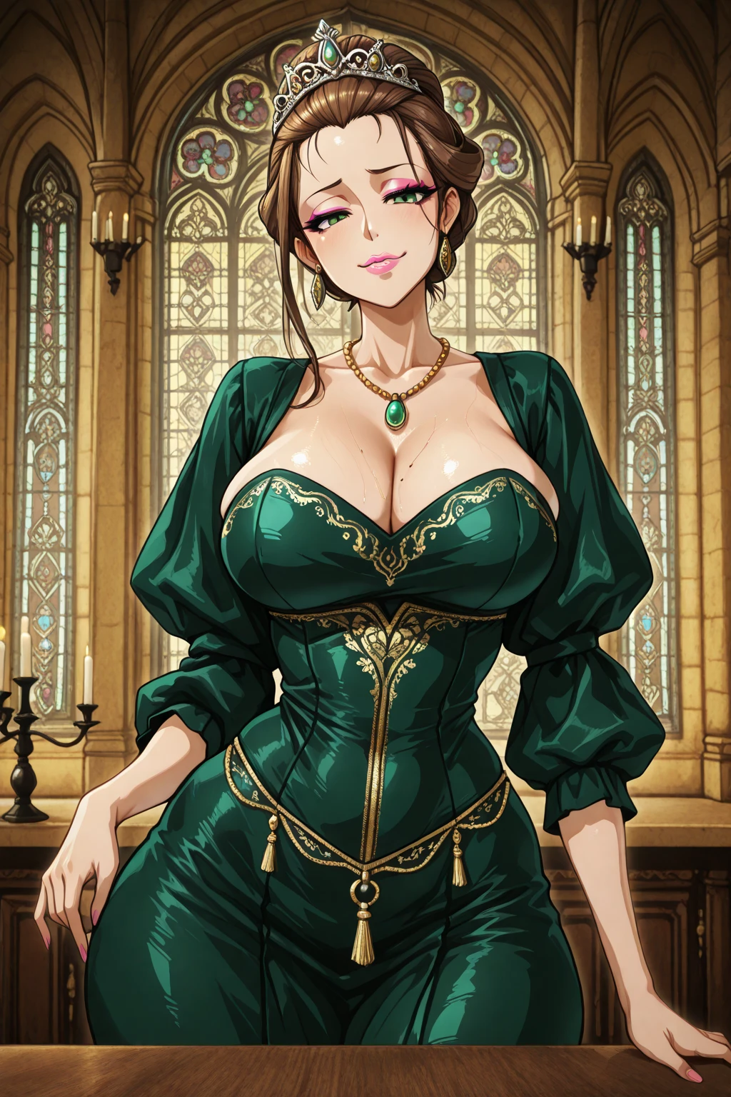 Queen green dress with very generous cutouts, Mother-milf, A gentle mature expression, Medium length dark brown hair, Love is shining and sweating is sexy.:1.2, Stilletto Queen High Heels, ((midnight)), (at isekai-fantasy castle hall at midnight), Sassy woman, Cell style anime, best quality, high resolution, 1 girl, Inspired by ntrman&#39;s work: The Goblin-Adopting Queen, (Have a full chest), The swaying chest:1.1, Create content, Big thick arms, Beautiful face, Medium length hair in sweet beige brown:1.1, Half eye cap, Light-colored students, A light, motherly smile, [Mother&#39;s face], Beautiful long legs, beautiful body, The shape of a mother who has had extremely difficult fertility, Beautiful nose, Beautiful character design, smooth, purple eyes, ((bushy pubic hair:1.25)), Sitting on the queen&#39;s throne with legs spread apart:1.35, (My arms swing my hair seductively:1.1), (look at viewer), cowboy shoot, Full-length frontal photograph:1.1, -automatic