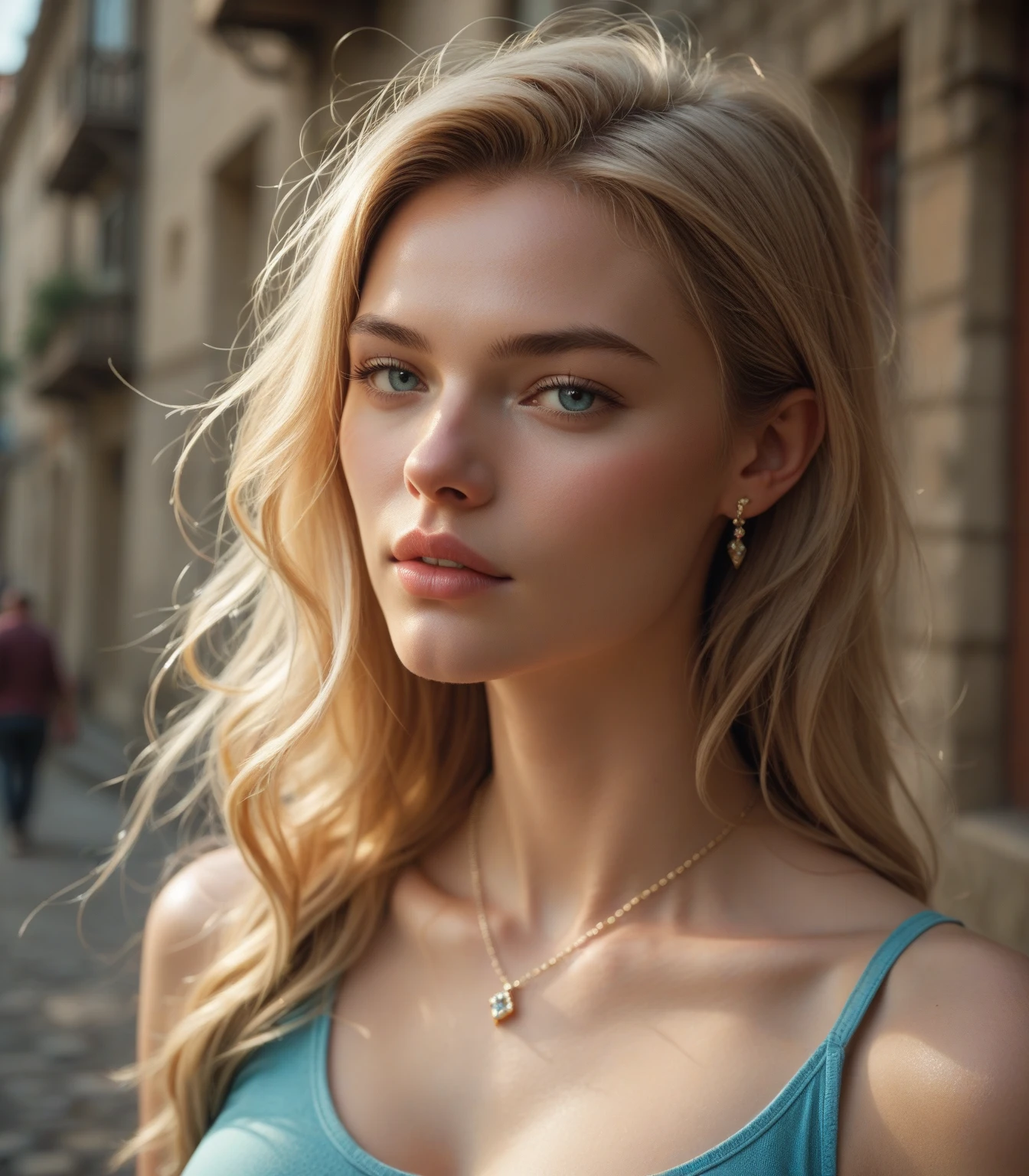create an influencer,blonde hair,Scandinavian,light eyes,light brown skin, spotty, girl next door,detailed body to face, im Bett, 8k resolution,body should be completely visible, in make in the city center,sitting in front of the fountain