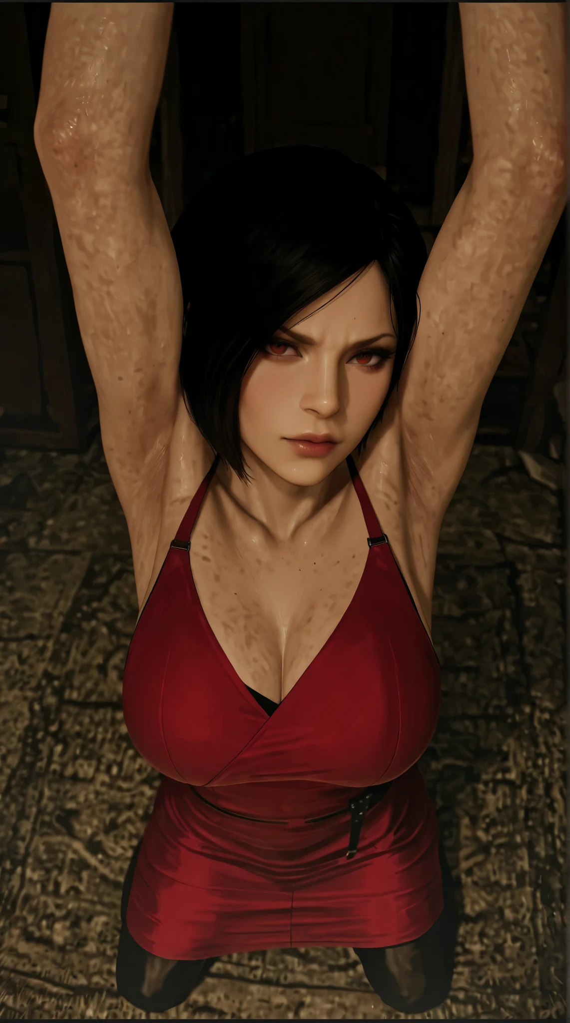 there is a woman in a red dress kneeling and get captived in abandon rotten and dirty house for a picture, supermodel in resident evil 2 remake, rendered in sfm, subsurface scattering skin, captived pose, upper body avatar, beautiful realistic upper body, soft diffuse lighting, photorealistic anime girl render, heavy looking, looking at viewer with anger, sensual pose, armpit, armpit show off, high detailed skin, high detailed image, ultrarealistic shaded, 3 d cgi rendered, 8K, Best Quality, Masterpiece, Ultra High Resolution, nsfw, Ada wong from resident evil 2 remake