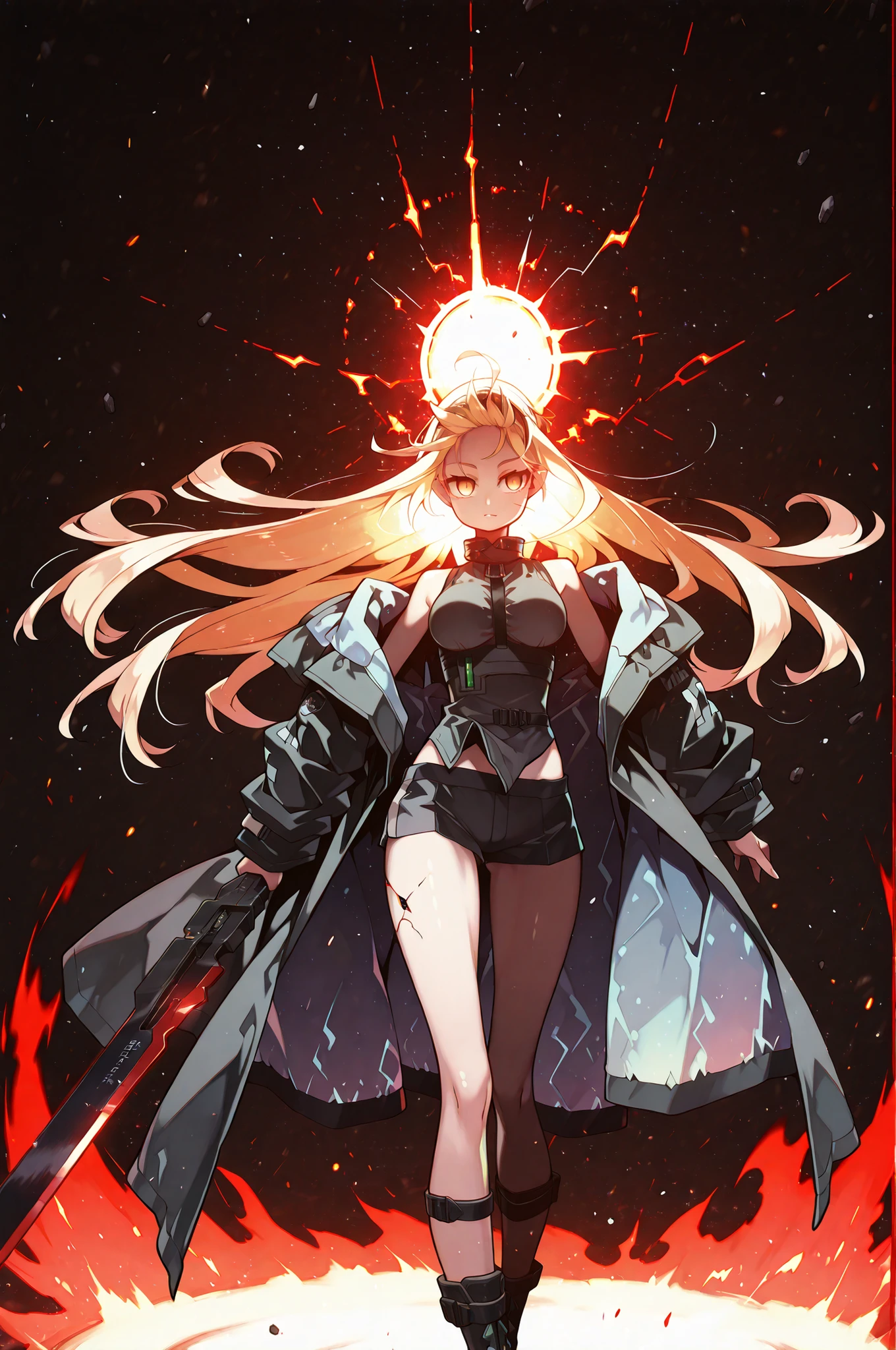 Alone, 1 girl, solitary female character, a teenage girl about 1.5 meters tall. She stands against a deep black background, standing out vividly. Physique and height identical to Terakomari Gandesblood from The Vexations of a Shut-In Vampire Princess. She smiles confidently and seductively. Her face is identical to Sylpha Langlis from Tensei Shitara Dai Nana Ōji.
She has long blonde hair styled like Kiss-Shot Acerola-Orion Heart-Under-Blade from Kizumonogatari / Bakemonogatari. Hair styled in the Shikei style. Golden eyes. She wears no hood; her head is completely uncovered.
Sensual pose, wide , , slim waist, petite body.
Clothing:
She wears a black tactical military blouse, black shorts, and black military boots like La Pluma’s from Arknights. The main detail is her black coat with red accents — identical to La Pluma’s coat from Arknights: same fabric, cut, red details, hood, zippers, and proportions. She does not wear a hood; her head is completely uncovered. She does not wear a hood; her head is completely uncovered.
Pose and Expression:
In her right hand she conjures a large red flame with black details.
In her left hand she holds an immense black sword with a red blade. The sword looks like stone, cracked, radiating energy. Energy flows through the fractures.
Atmosphere and Style:
Black background with cinematic lighting. Youthful energy. Ultra-detailed, sharp, clean anime style. Deep black background with cinematic lighting emphasizing her short stature and powerful aura. Perfect image, perfect face, perfect eyes, hair styled in the Shikei style.