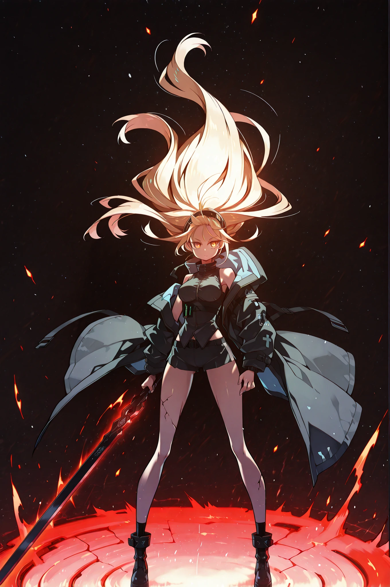 Alone, 1 girl, solitary female character, a teenage girl about 1.5 meters tall. She stands against a deep black background, standing out vividly. Physique and height identical to Terakomari Gandesblood from The Vexations of a Shut-In Vampire Princess. She smiles confidently and seductively. Her face is identical to Sylpha Langlis from Tensei Shitara Dai Nana Ōji.

She has long blonde hair styled like Kiss-Shot Acerola-Orion Heart-Under-Blade from Kizumonogatari / Bakemonogatari. Hair styled in the Shikei style. Golden eyes. She wears no hood; her head is completely uncovered.

Sensual pose, wide , , slim waist, petite body.

Clothing:
She wears a black tactical military blouse, black shorts, and black military boots like La Pluma’s from Arknights. The main detail is her black coat with red accents — identical to La Pluma’s coat from Arknights: same fabric, cut, red details, hood, zippers, and proportions. She does not wear a hood; her head is completely uncovered. She does not wear a hood; her head is completely uncovered.

Pose and Expression:
In her right hand she conjures a large red flame with black details.
In her left hand she holds an immense black sword with a red blade. The sword looks like stone, cracked, radiating energy. Energy flows through the fractures.

Atmosphere and Style:
Black background with cinematic lighting. Youthful energy. Ultra-detailed, sharp, clean anime style. Deep black background with cinematic lighting emphasizing her short stature and powerful aura. Perfect image, perfect face, perfect eyes, hair styled in the Shikei style.
