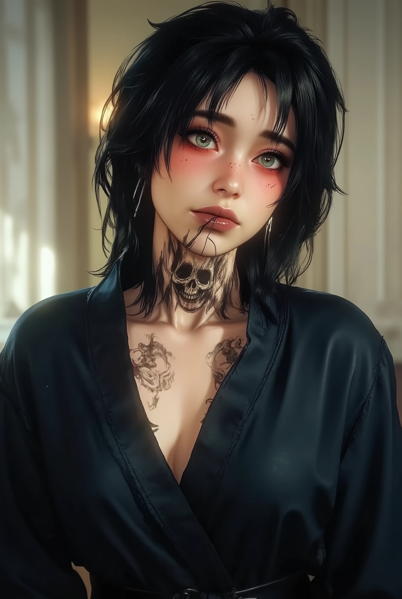 a digital art image featuring a woman with dark, messy hair and glasses, wearing a dark blue, leather-look robe or dressing gown tied at the waist. She has a prominent tattoo resembling a skull on her neck. The overall style is realistic 3D rendering with a modern, slightly dramatic aesthetic.