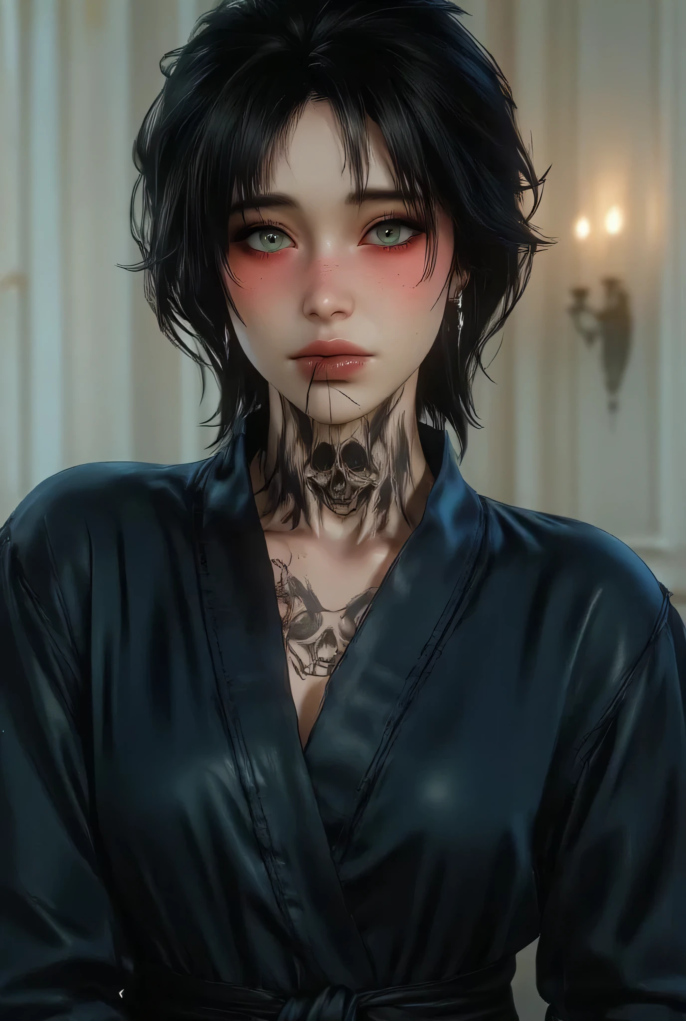 a digital art image featuring a woman with dark, messy hair and glasses, wearing a dark blue, leather-look robe or dressing gown tied at the waist. She has a prominent tattoo resembling a skull on her neck. The overall style is realistic 3D rendering with a modern, slightly dramatic aesthetic.